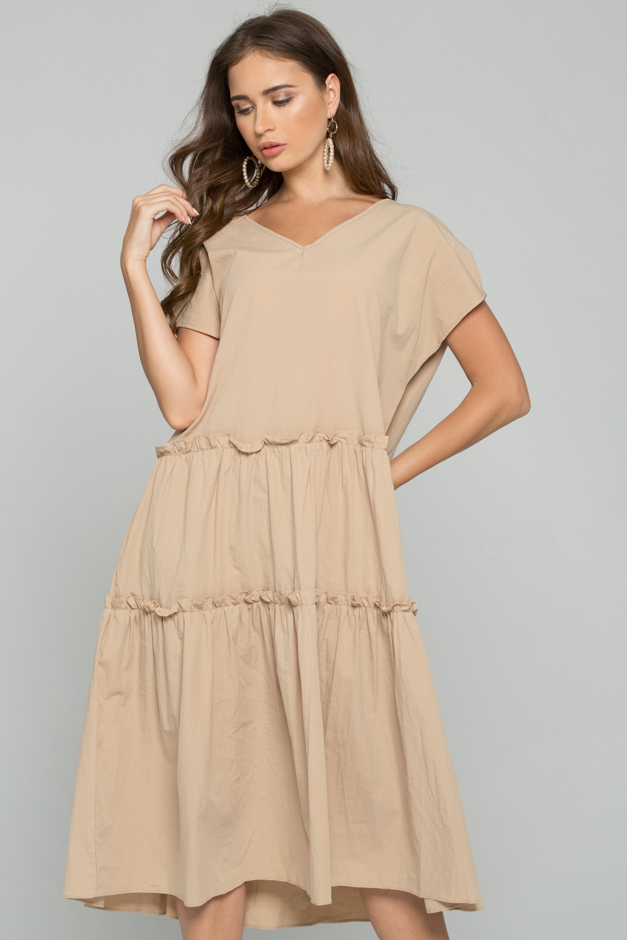 Khaki Chemise Flounce Hem Midi Dress