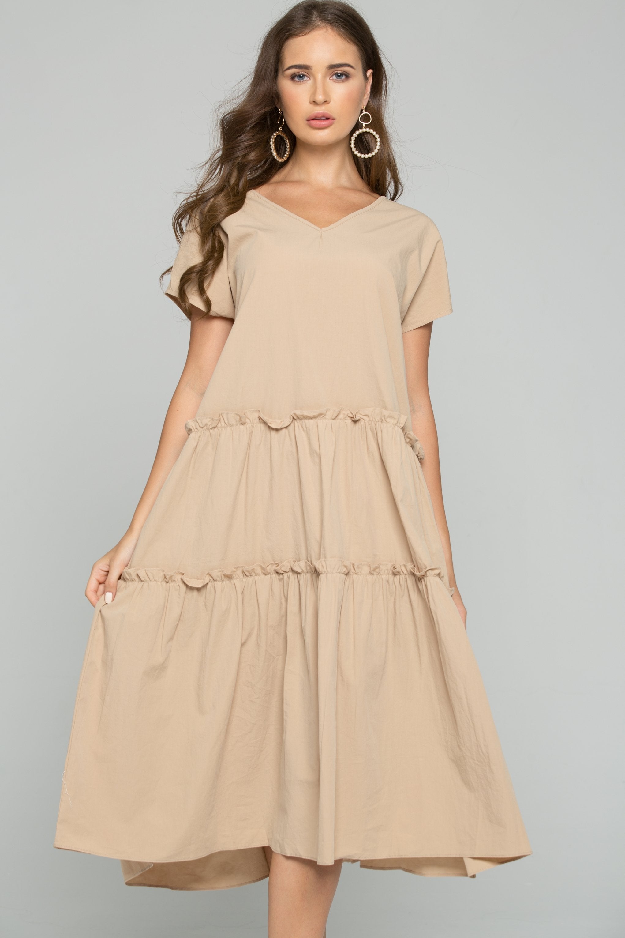 Khaki Chemise Flounce Hem Midi Dress
