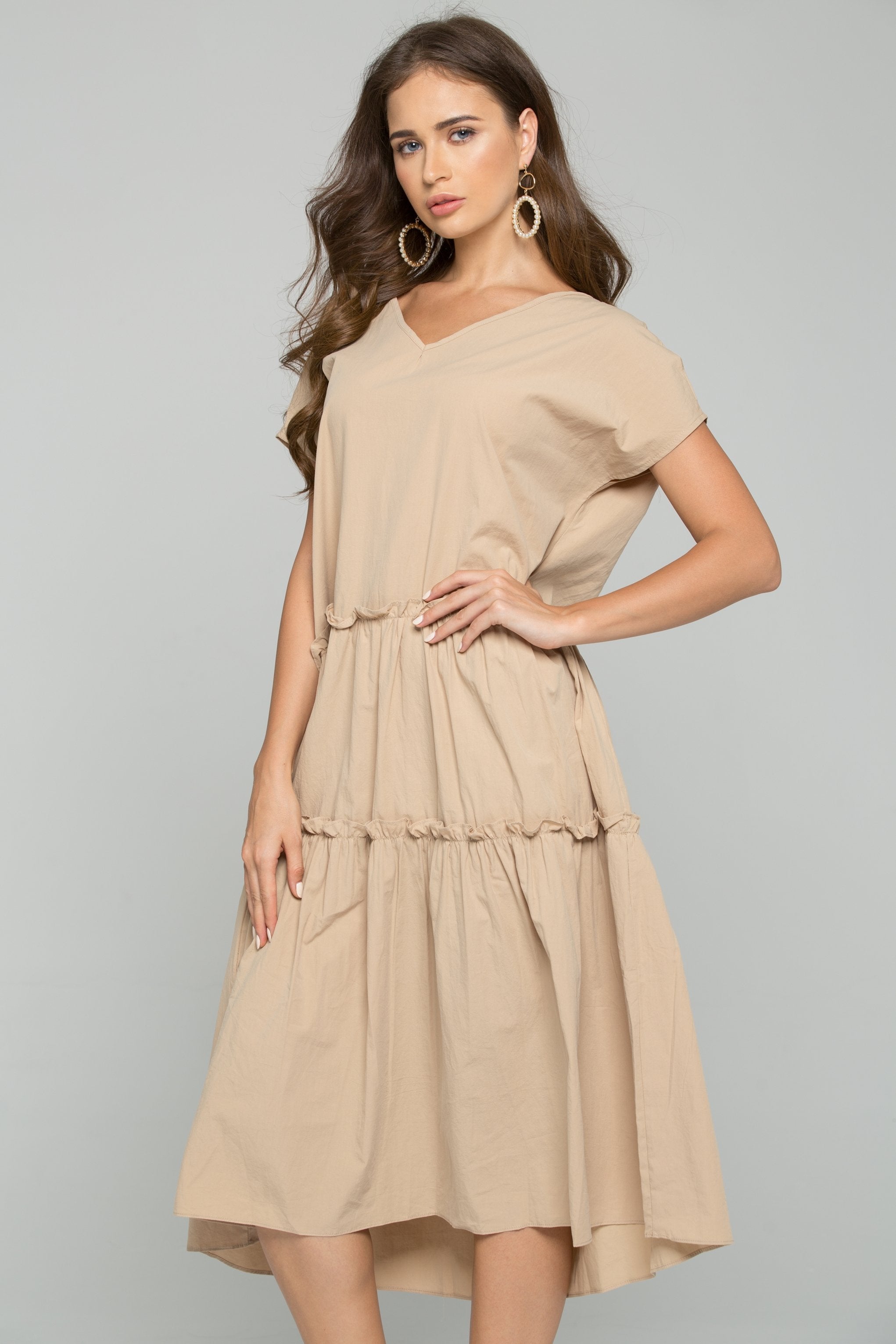 Khaki Chemise Flounce Hem Midi Dress