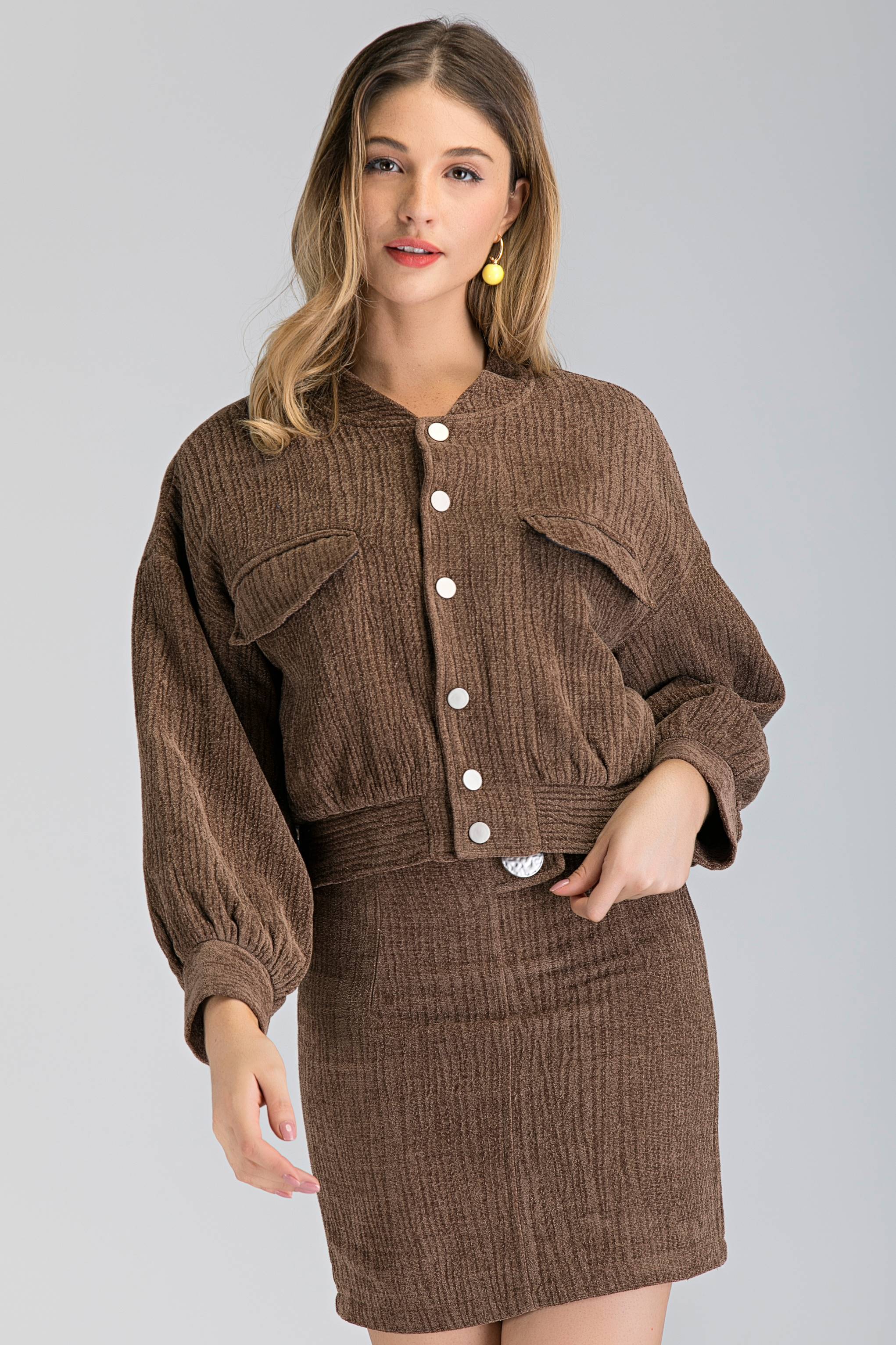 Latte Bomber Jacket and Skirt Set
