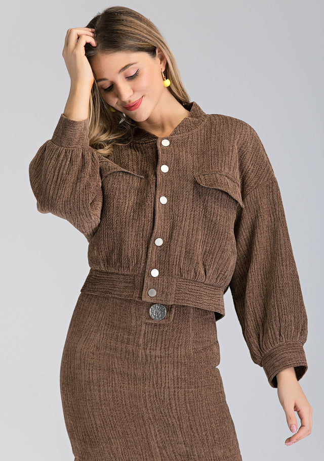Latte Bomber Jacket and Skirt Set