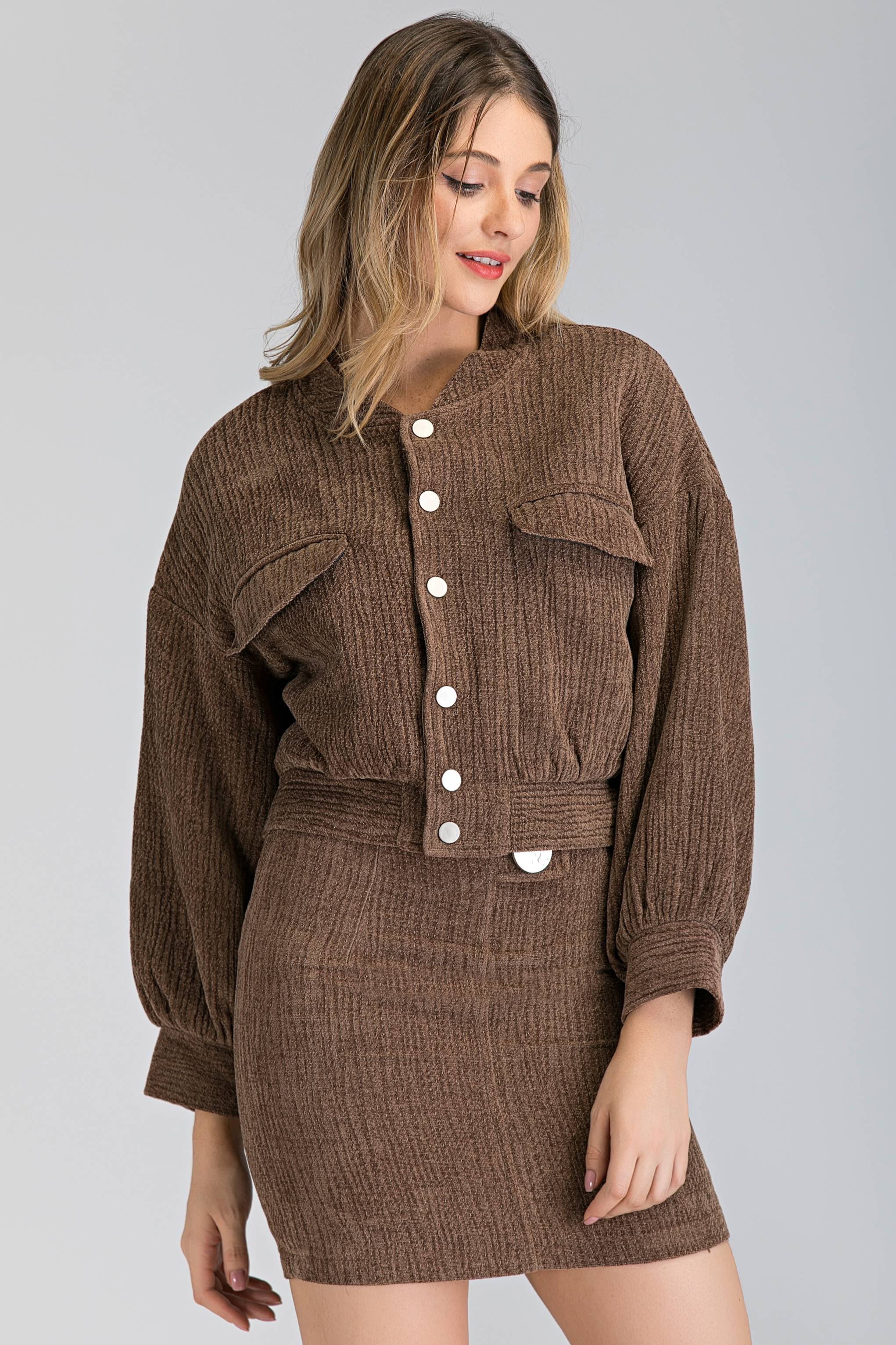 Latte Bomber Jacket and Skirt Set