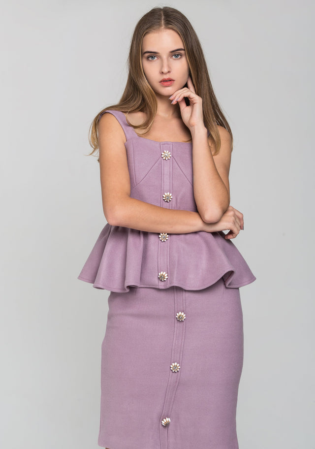 Lavender Fleece Jewel Button Peplum Two Piece Midi Dress