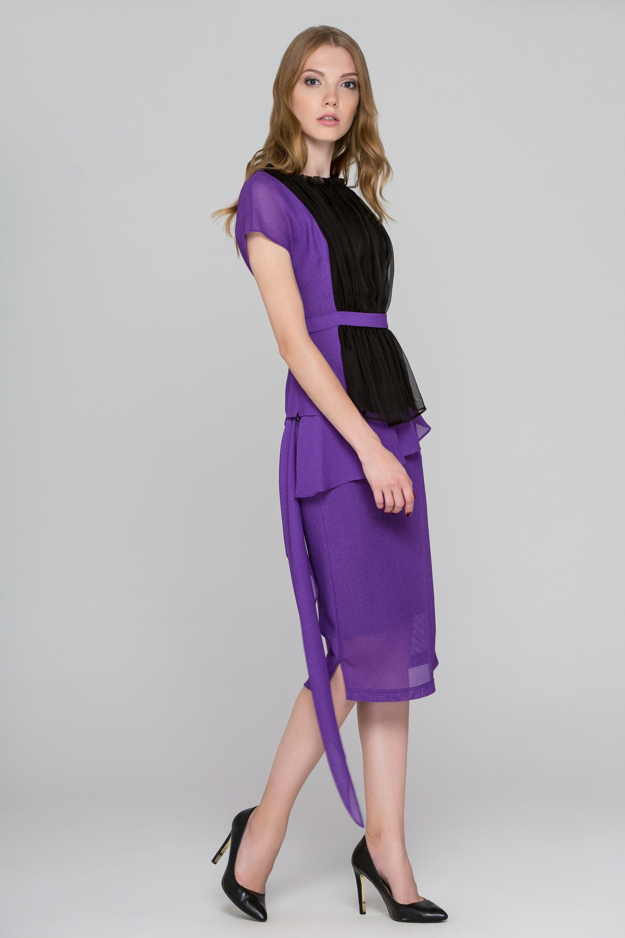 Lavender and Black Tulle Front Midi Dress