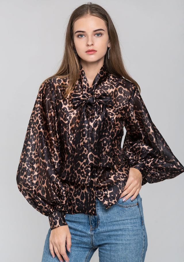 Leopard Print Tie Neck Sleeved Top