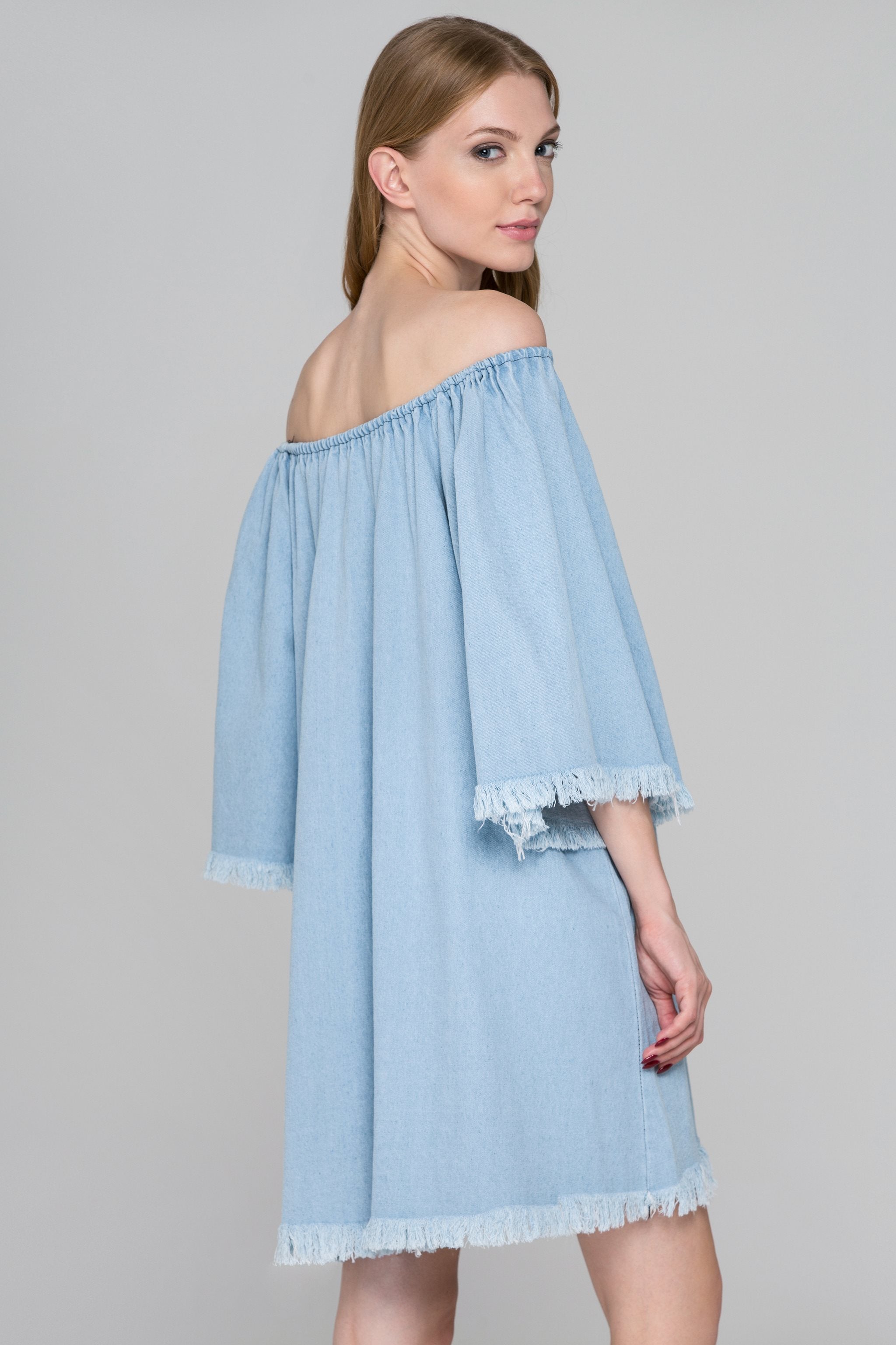 Light Blue Denim Bell Sleeve Mini Dress