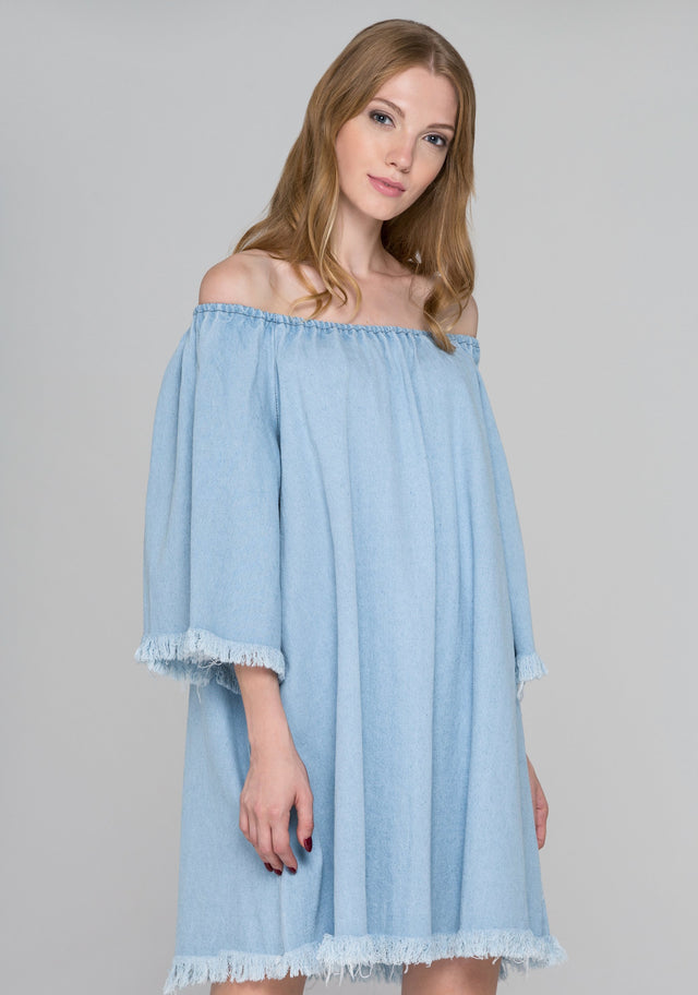 Light Blue Denim Bell Sleeve Mini Dress