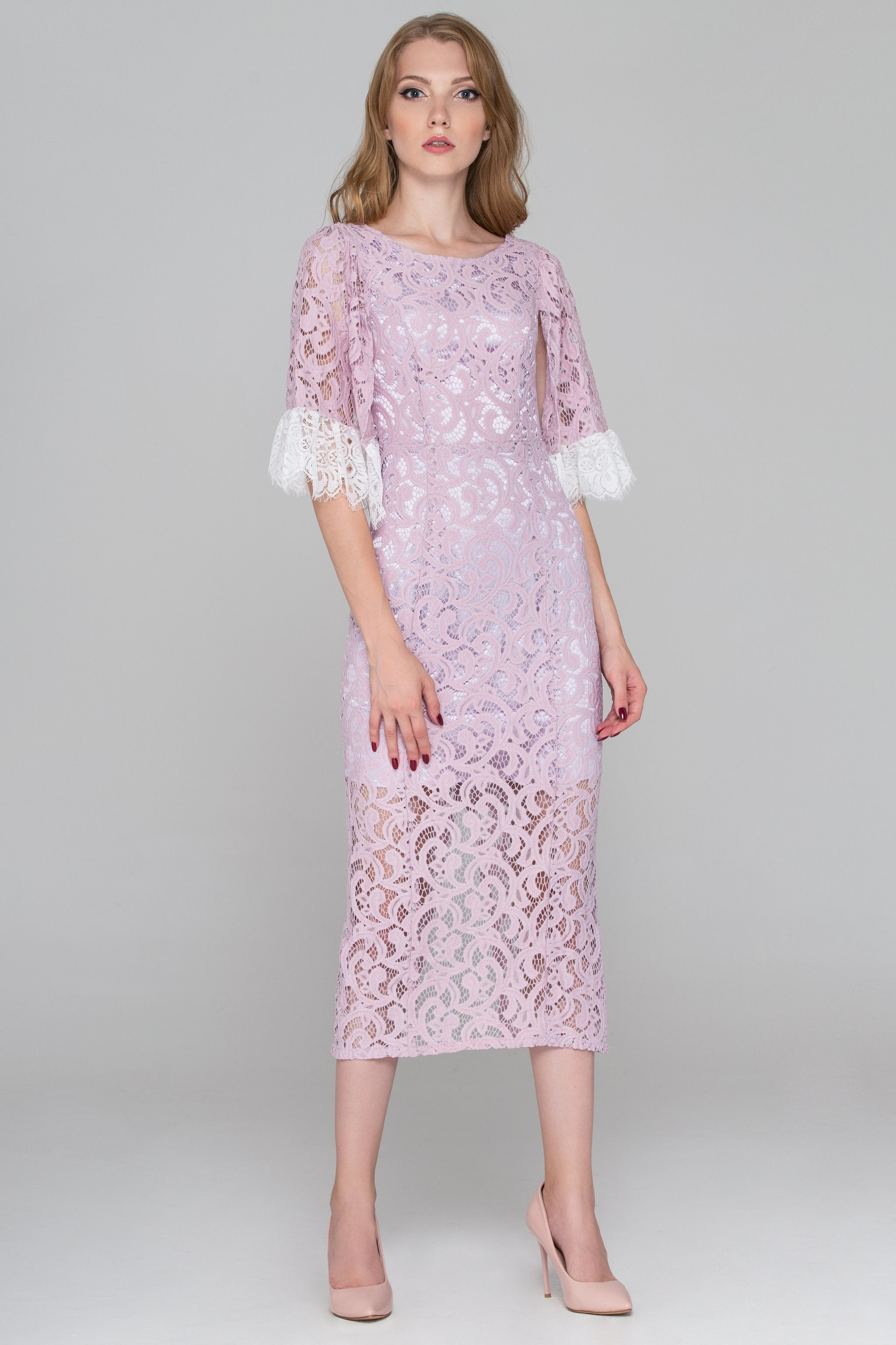 Lilac Lace Sleeved Midi Dress