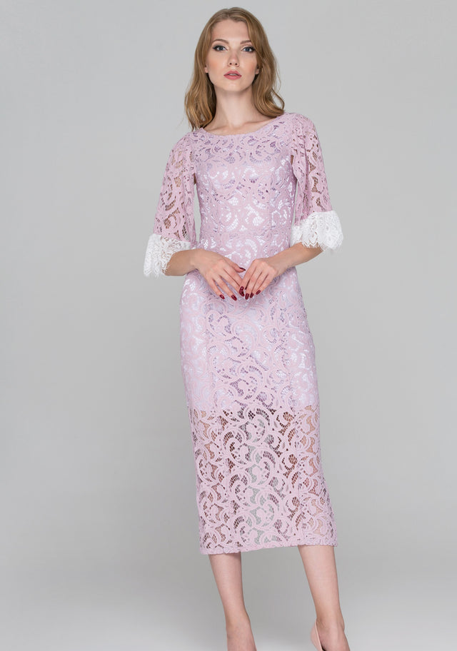 Lilac Lace Sleeved Midi Dress