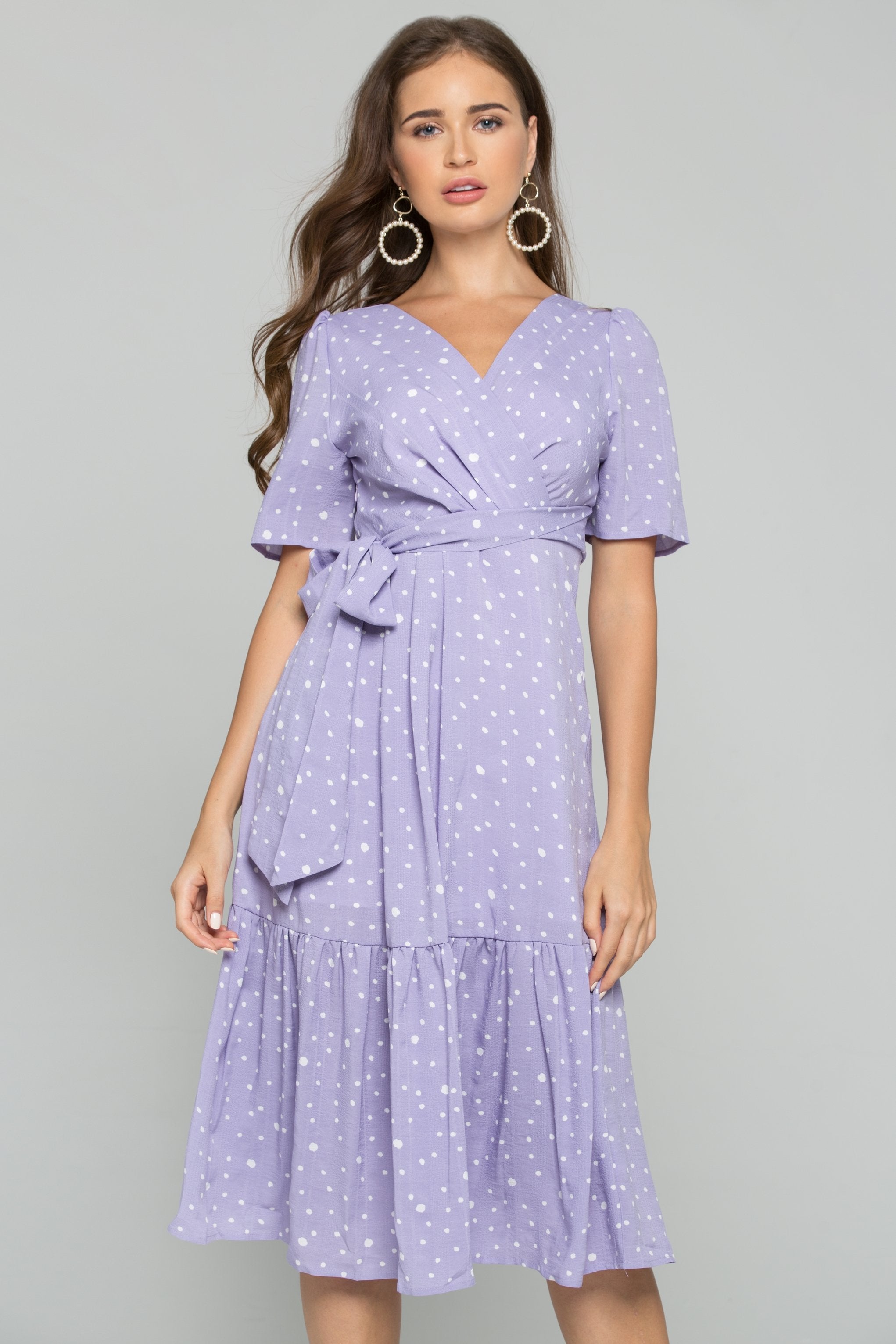 Lilac and White Flecks Surplice Midi Dress