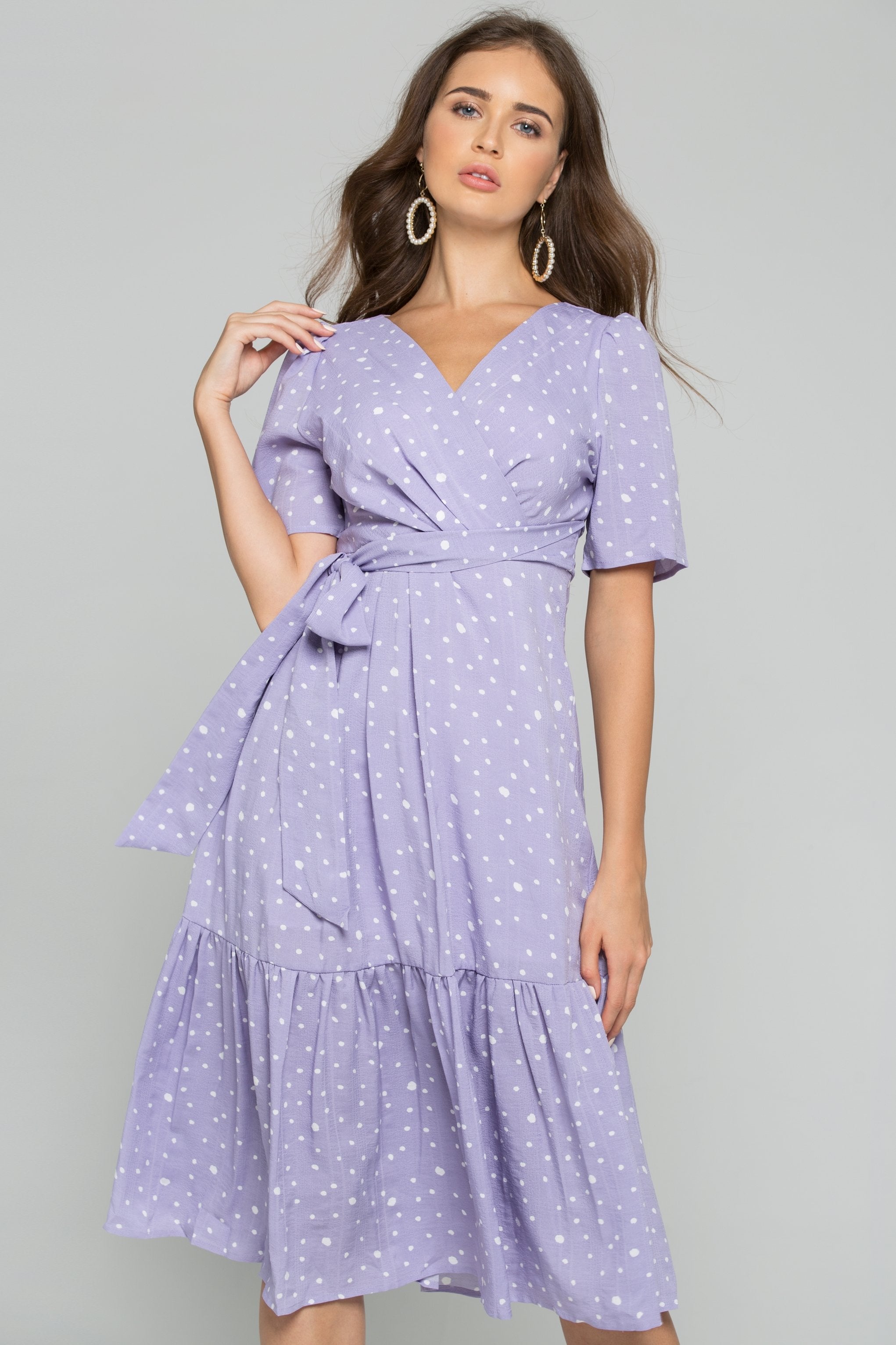 Lilac and White Flecks Surplice Midi Dress