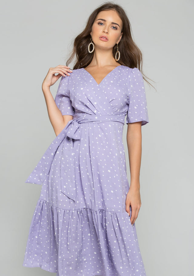 Lilac and White Flecks Surplice Midi Dress