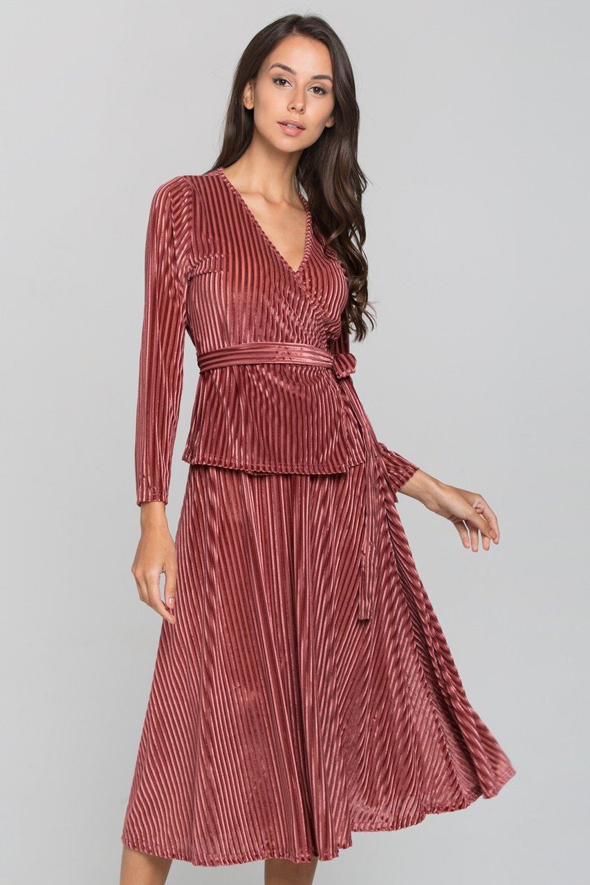 Maroon Velvet Chord Two Piece Midi Dress