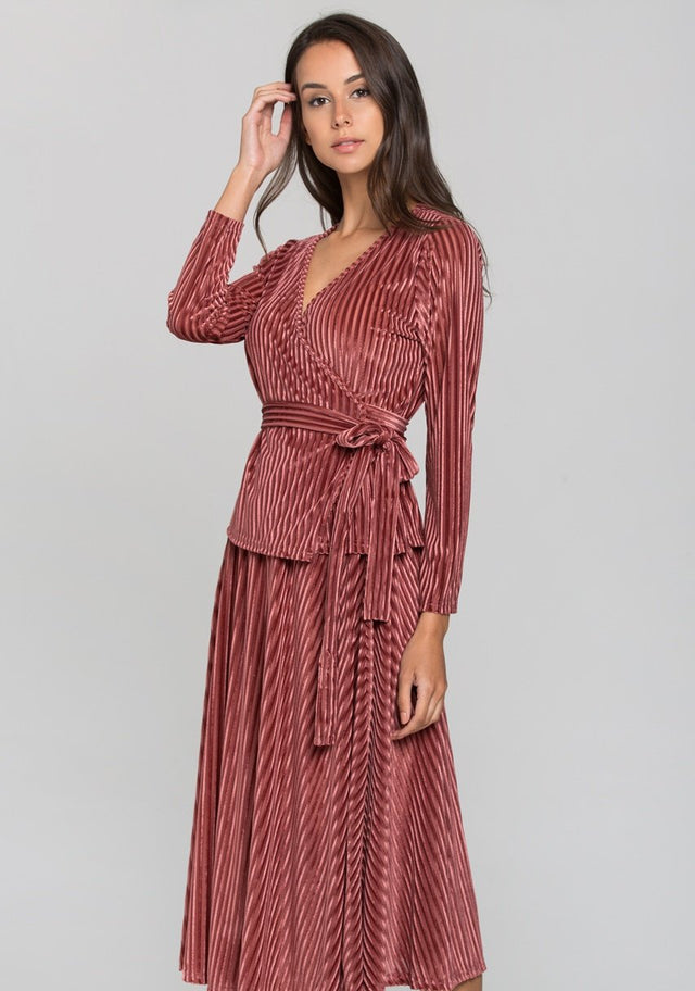 Maroon Velvet Chord Two Piece Midi Dress