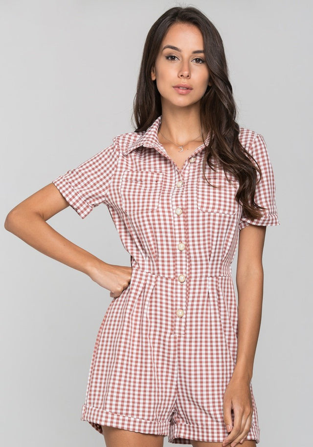 Mauve Gingham Button Up Playsuit