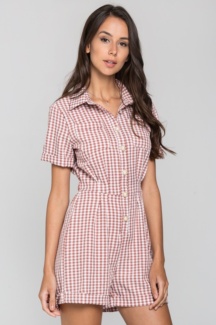 Mauve Gingham Button Up Playsuit