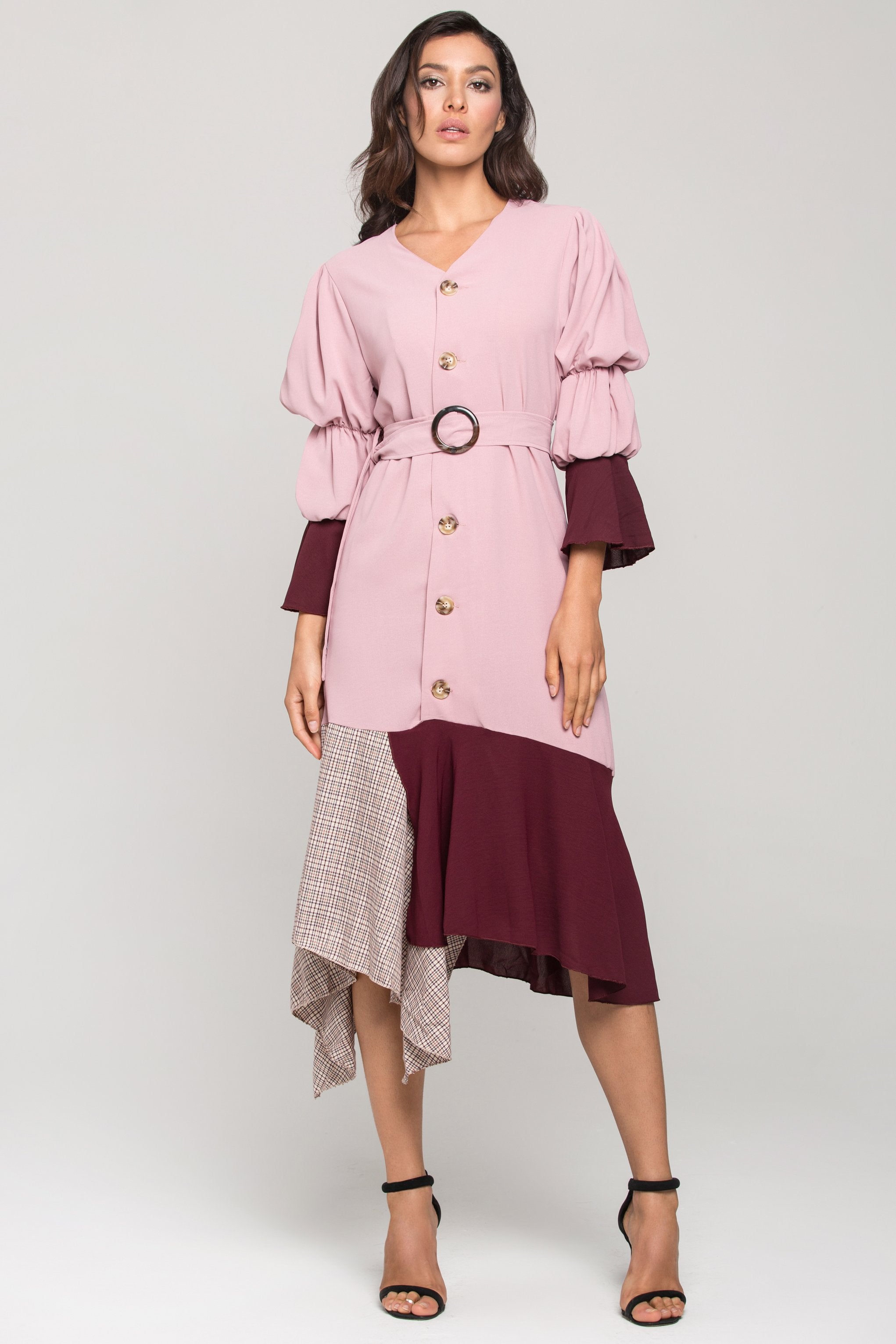 Mauve Puff Bell Sleeves Check Panel Midi Dress