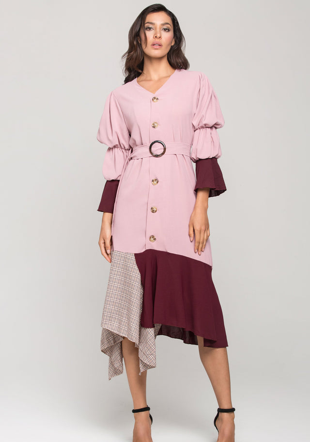 Mauve Puff Bell Sleeves Check Panel Midi Dress