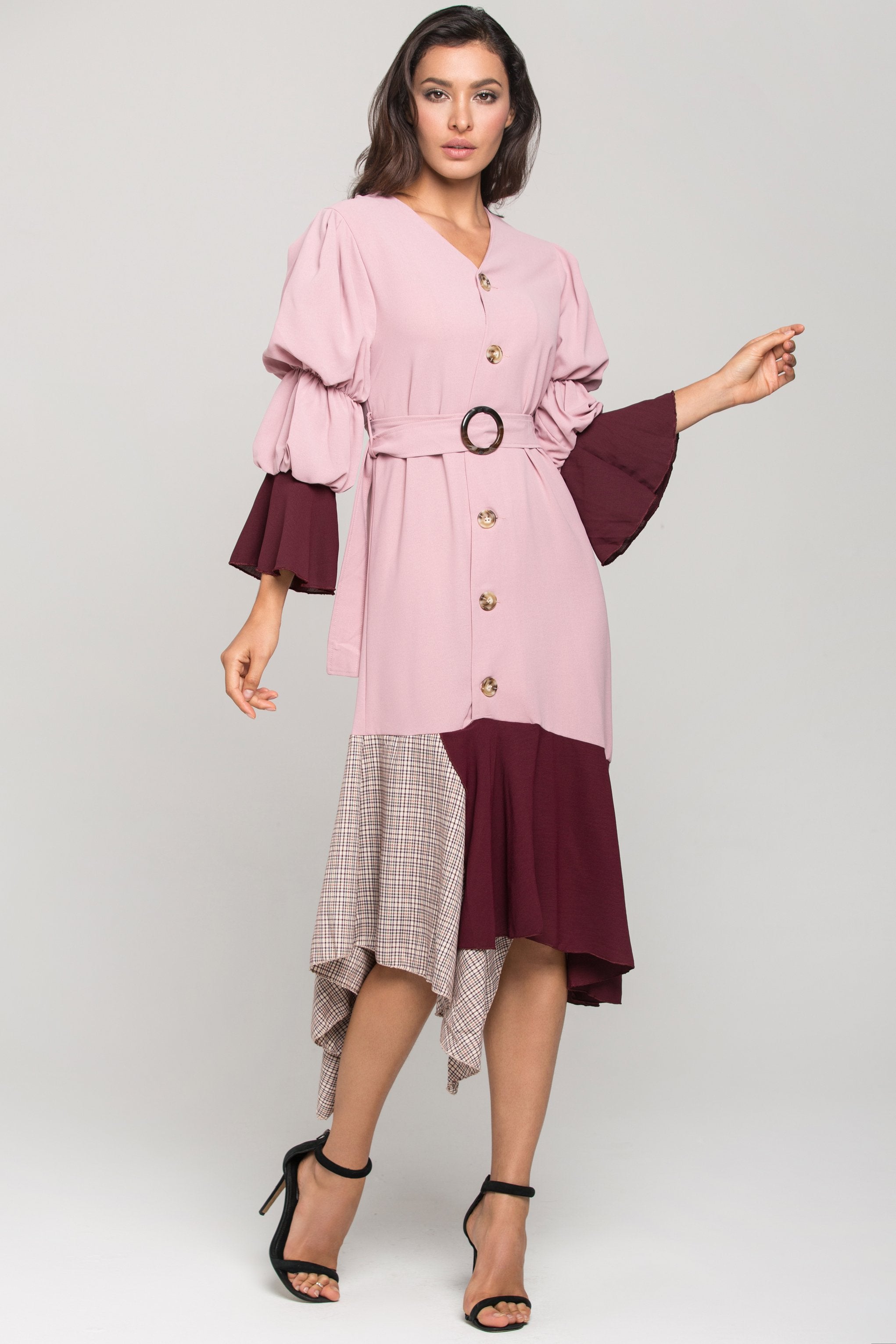 Mauve Puff Bell Sleeves Check Panel Midi Dress