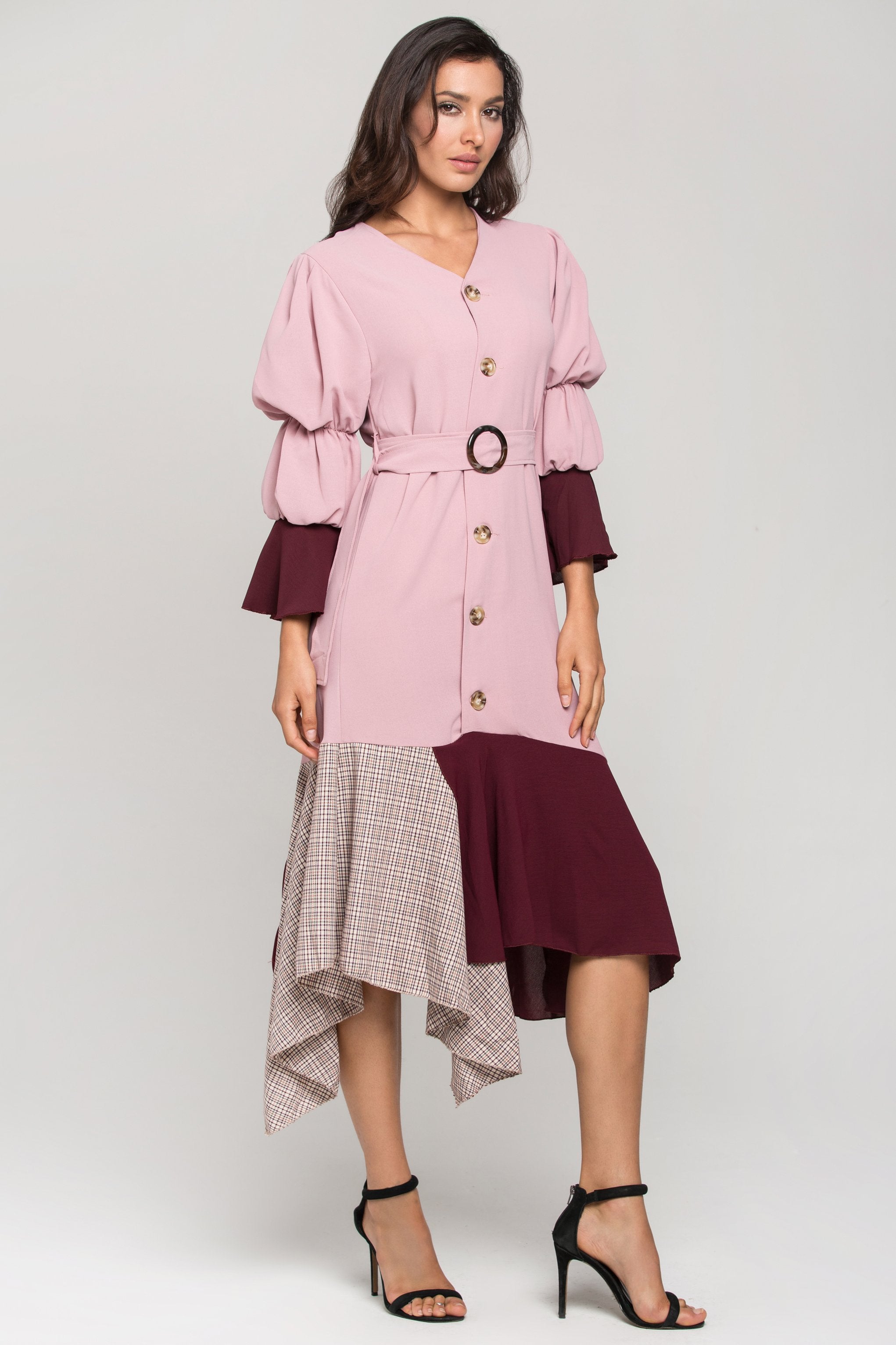 Mauve Puff Bell Sleeves Check Panel Midi Dress