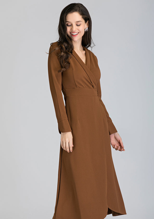 Mocha Long Sleeves Side Lace Tassel Midi Dress