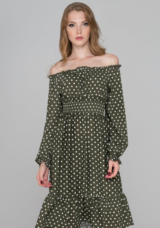 Moss Green Flounced Hem Polka Dot Midi Dress
