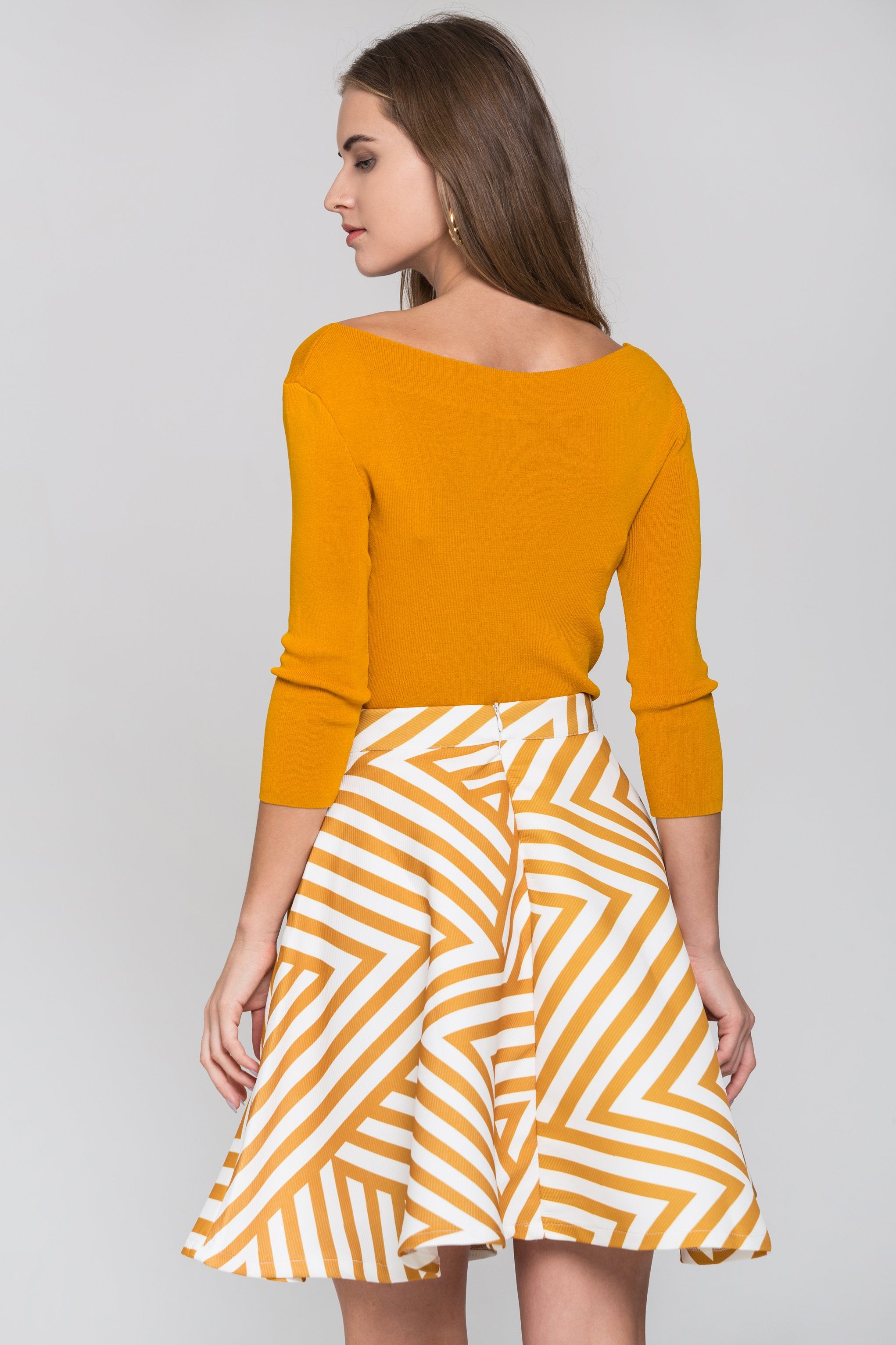 Mustard Bow and Stripe Print Skirt Two Piece Mini Dress