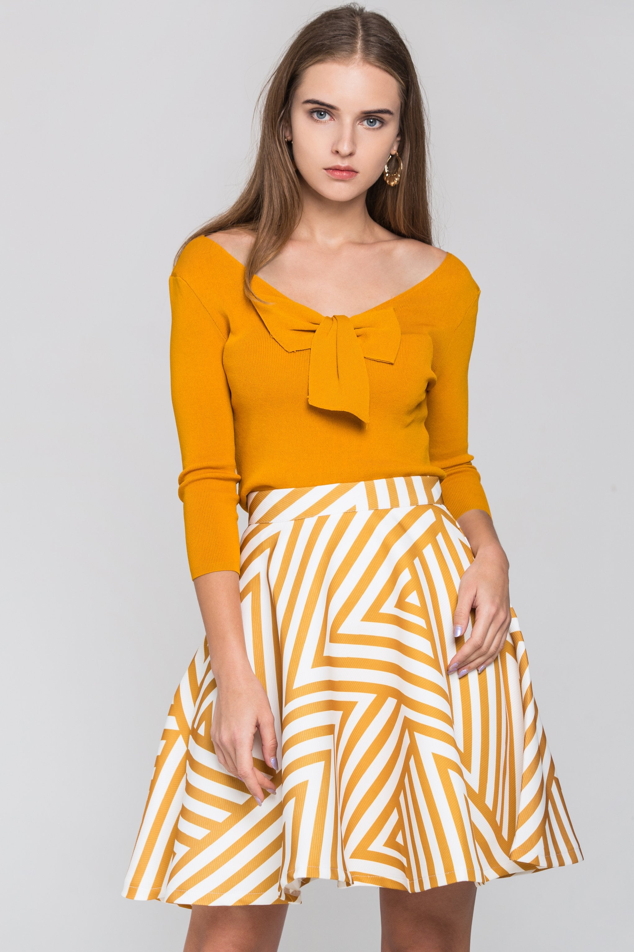 Mustard Bow and Stripe Print Skirt Two Piece Mini Dress