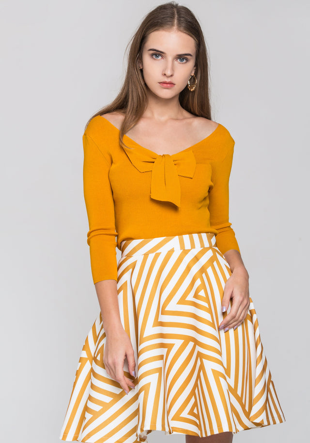 Mustard Bow and Stripe Print Skirt Two Piece Mini Dress