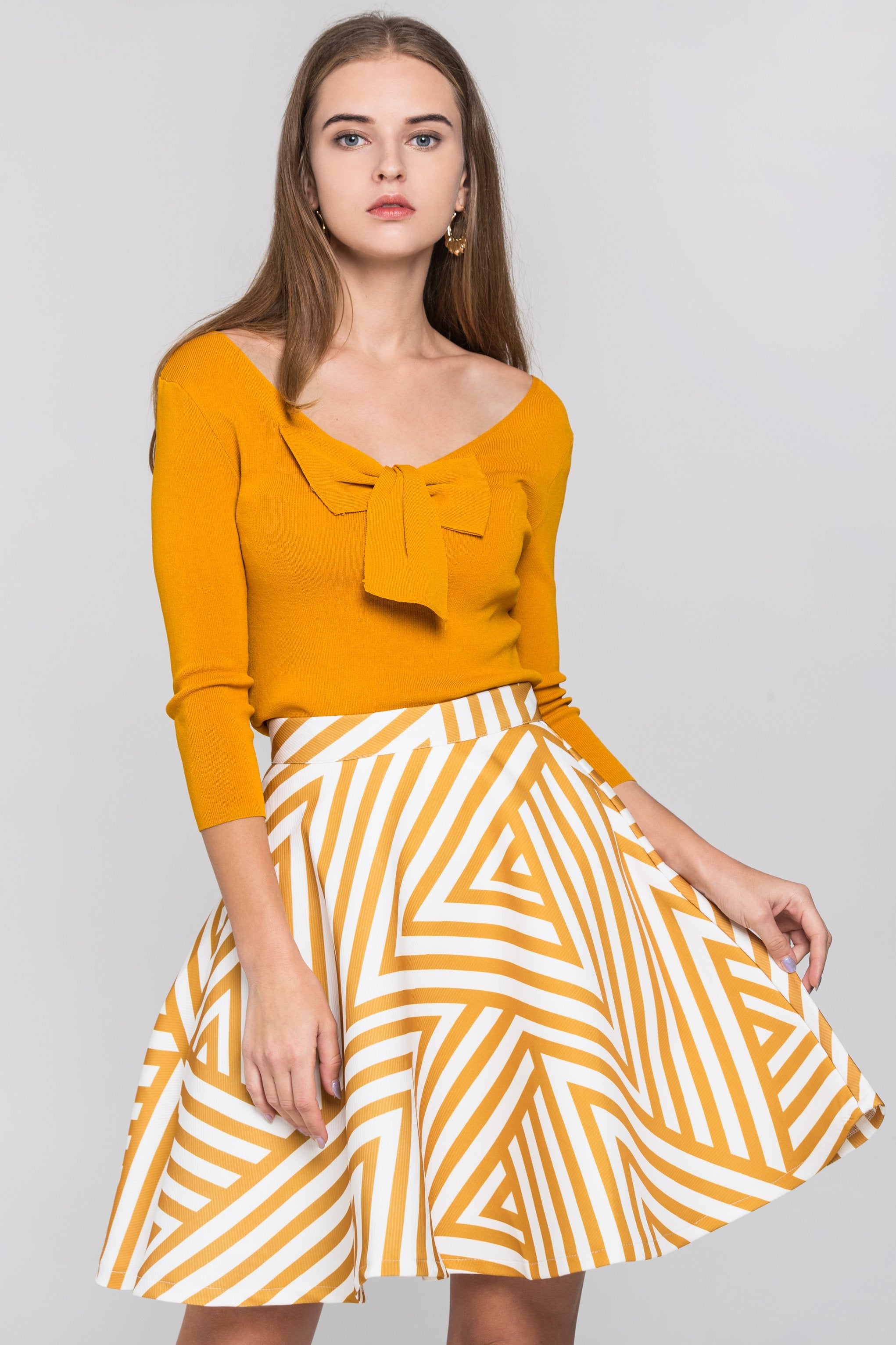Mustard Bow and Stripe Print Skirt Two Piece Mini Dress
