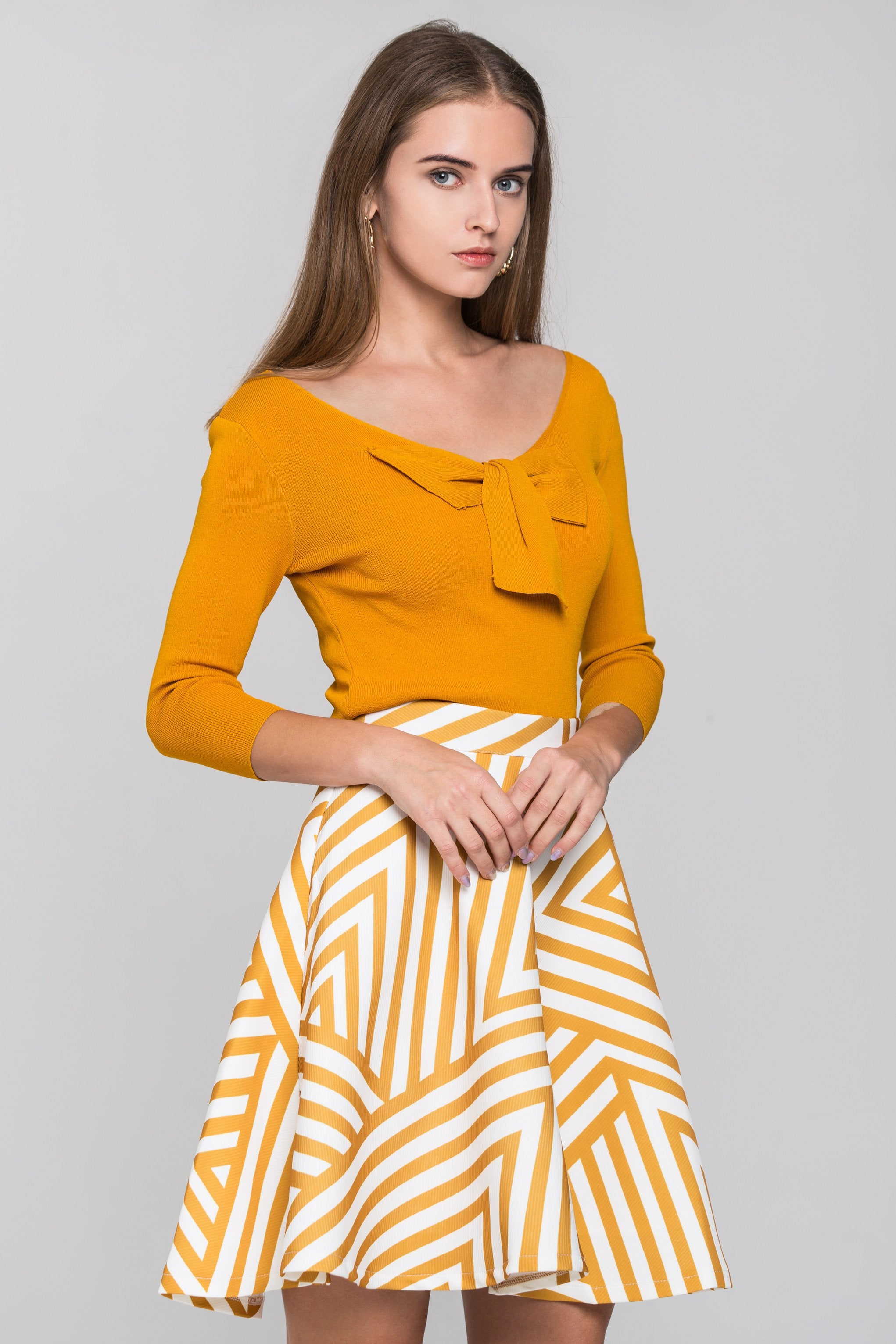 Mustard Bow and Stripe Print Skirt Two Piece Mini Dress
