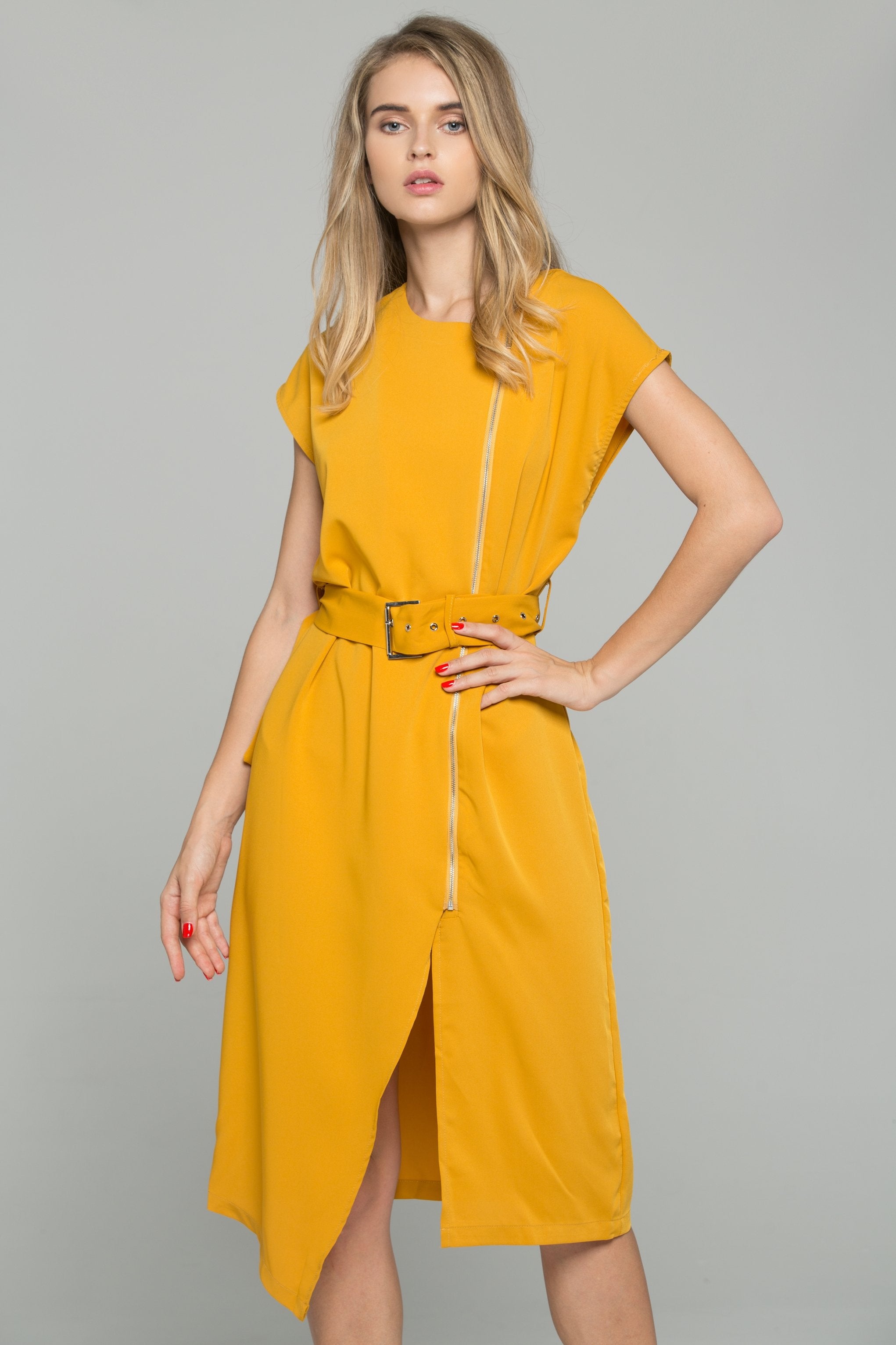 Mustard Cotton Zipper Turn Down Collar Shift Belted Dress Shirt