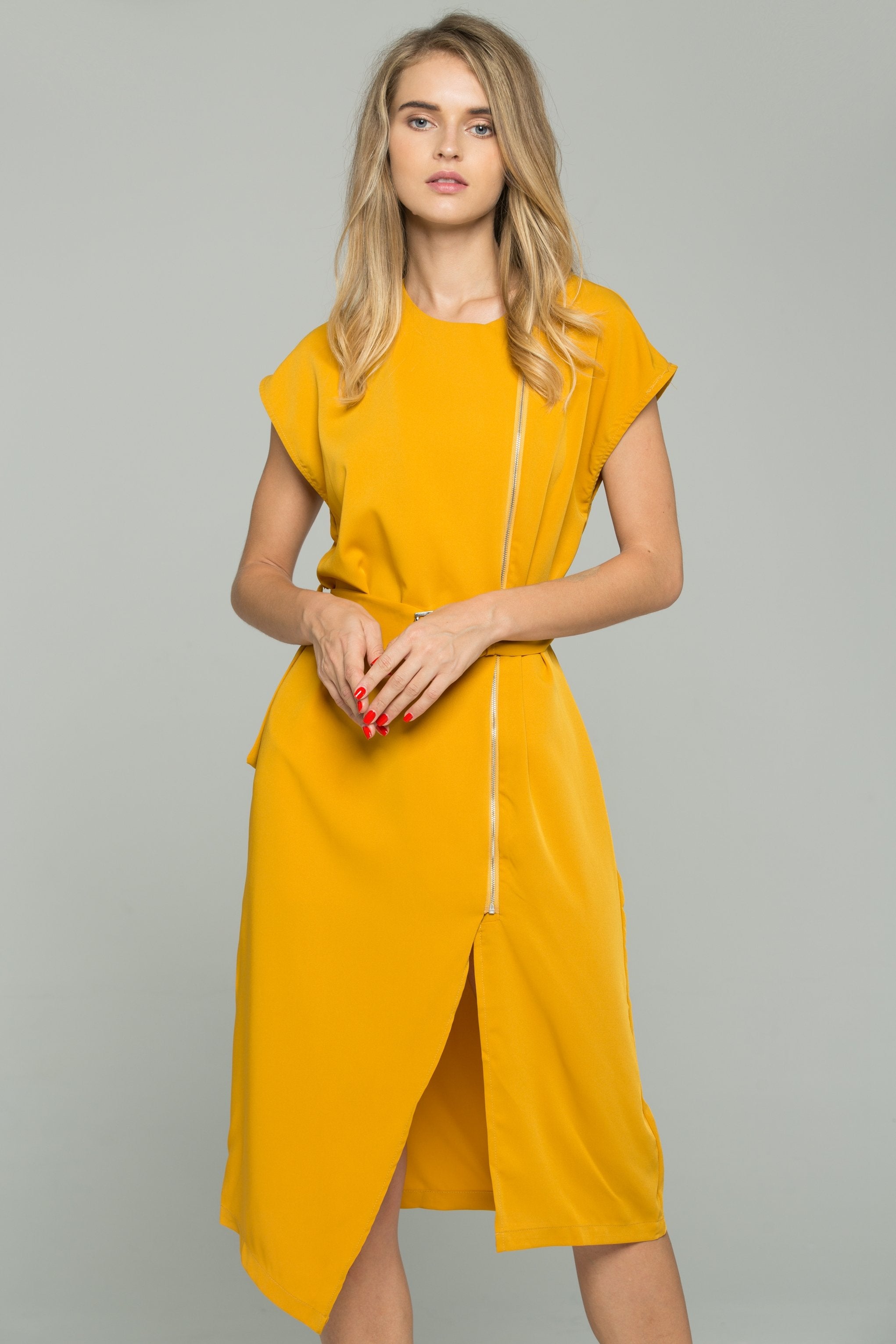 Mustard Cotton Zipper Turn Down Collar Shift Belted Dress Shirt