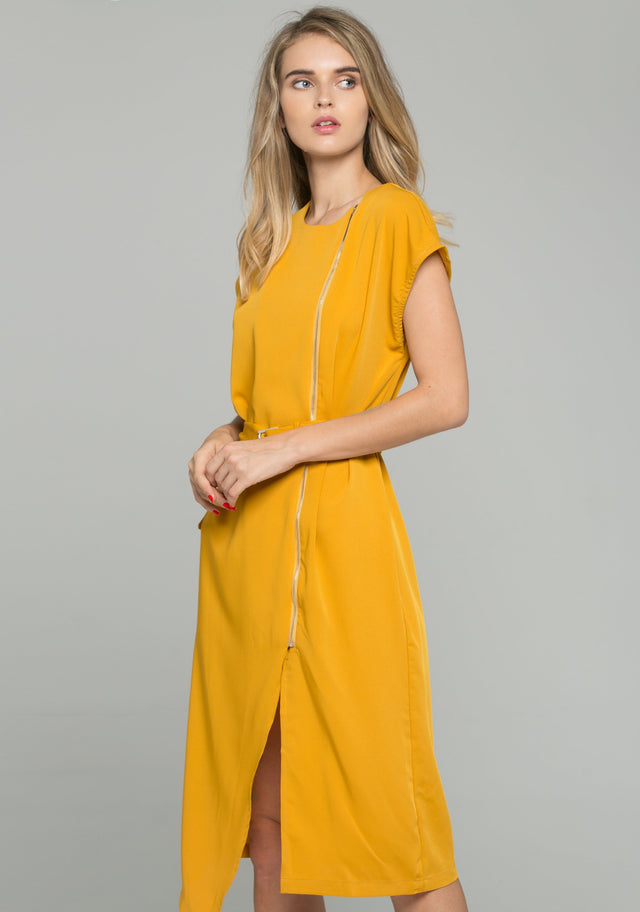 Mustard Cotton Zipper Turn Down Collar Shift Belted Dress Shirt