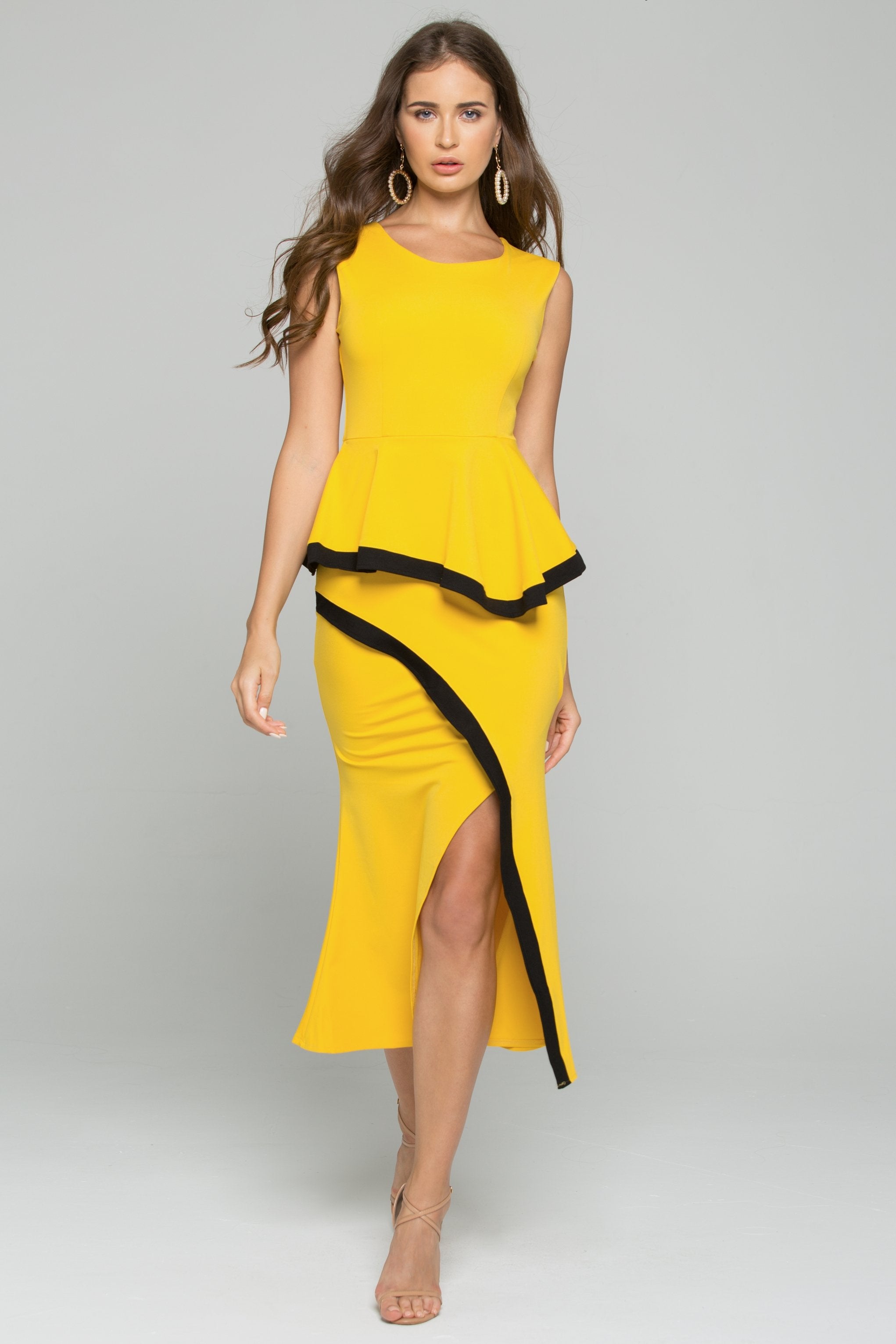 Mustard Front Slit Peplum Midi Dress