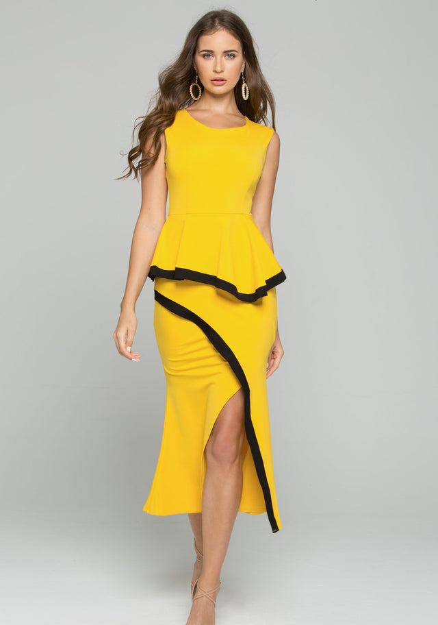 Mustard Front Slit Peplum Midi Dress