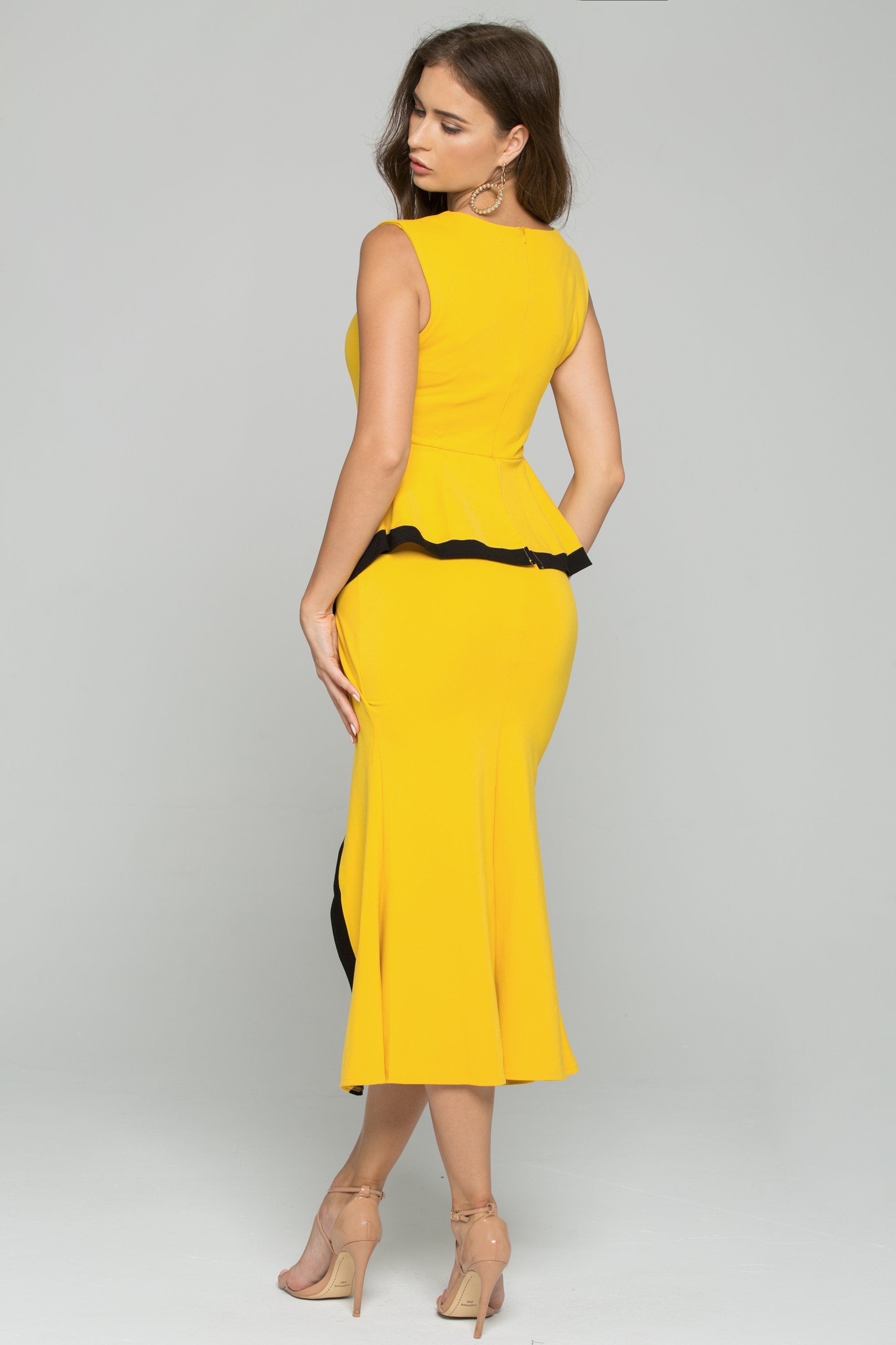 Mustard Front Slit Peplum Midi Dress