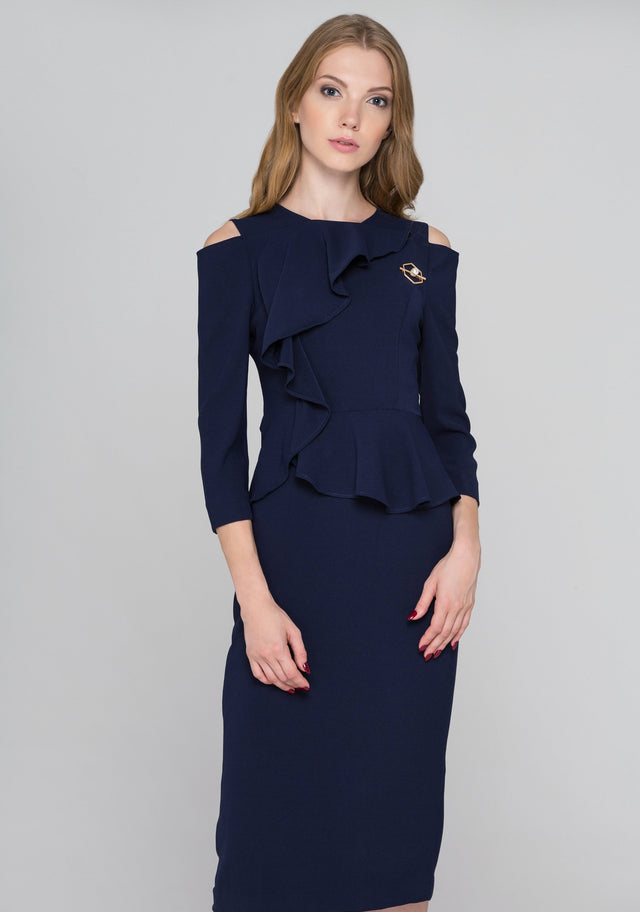 Navy Blue Cold Shoulder Cascade Ruffle Peplum Midi Dress