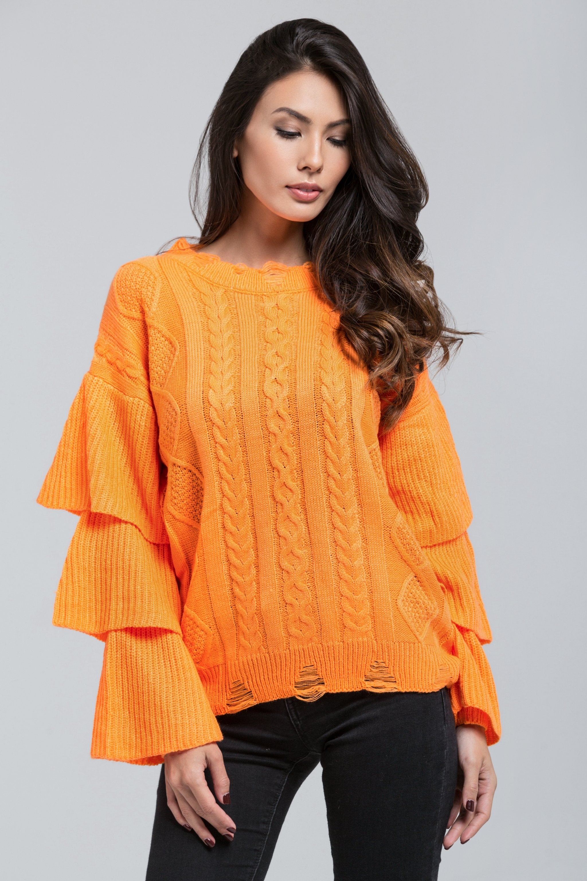 Neon Orange Knit Ruffle Sleeve Sweater