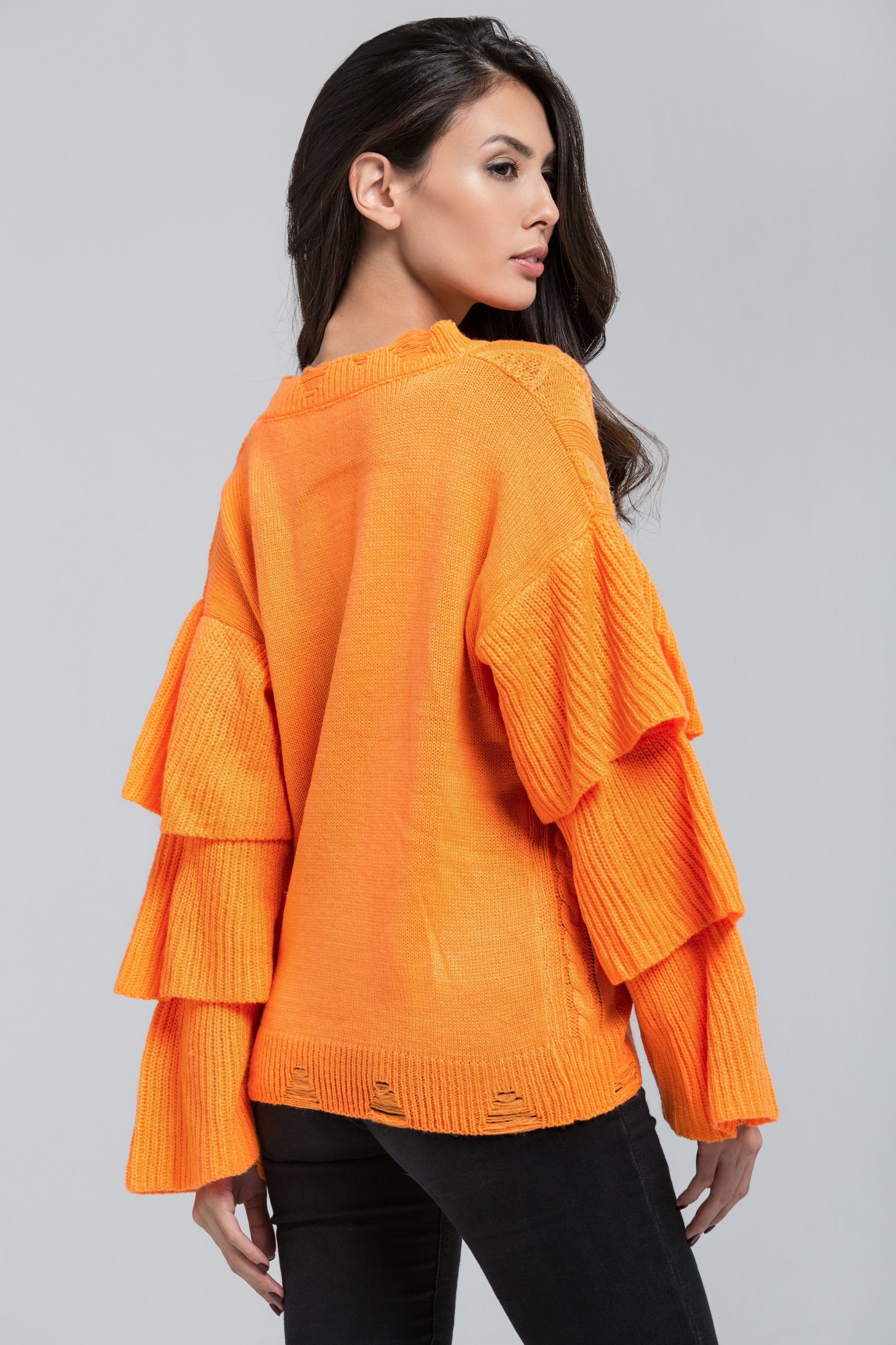 Neon Orange Knit Ruffle Sleeve Sweater