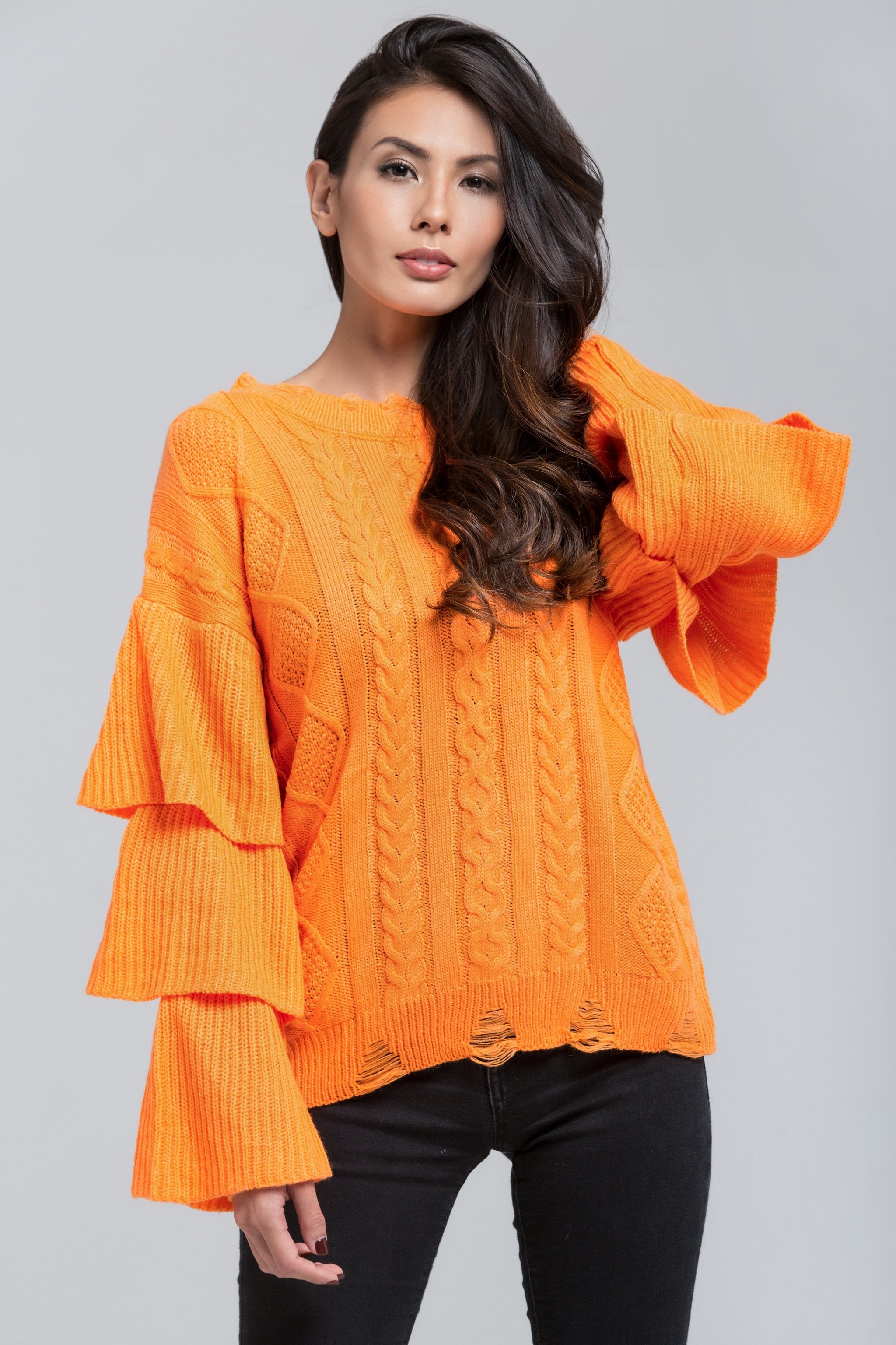 Neon Orange Knit Ruffle Sleeve Sweater