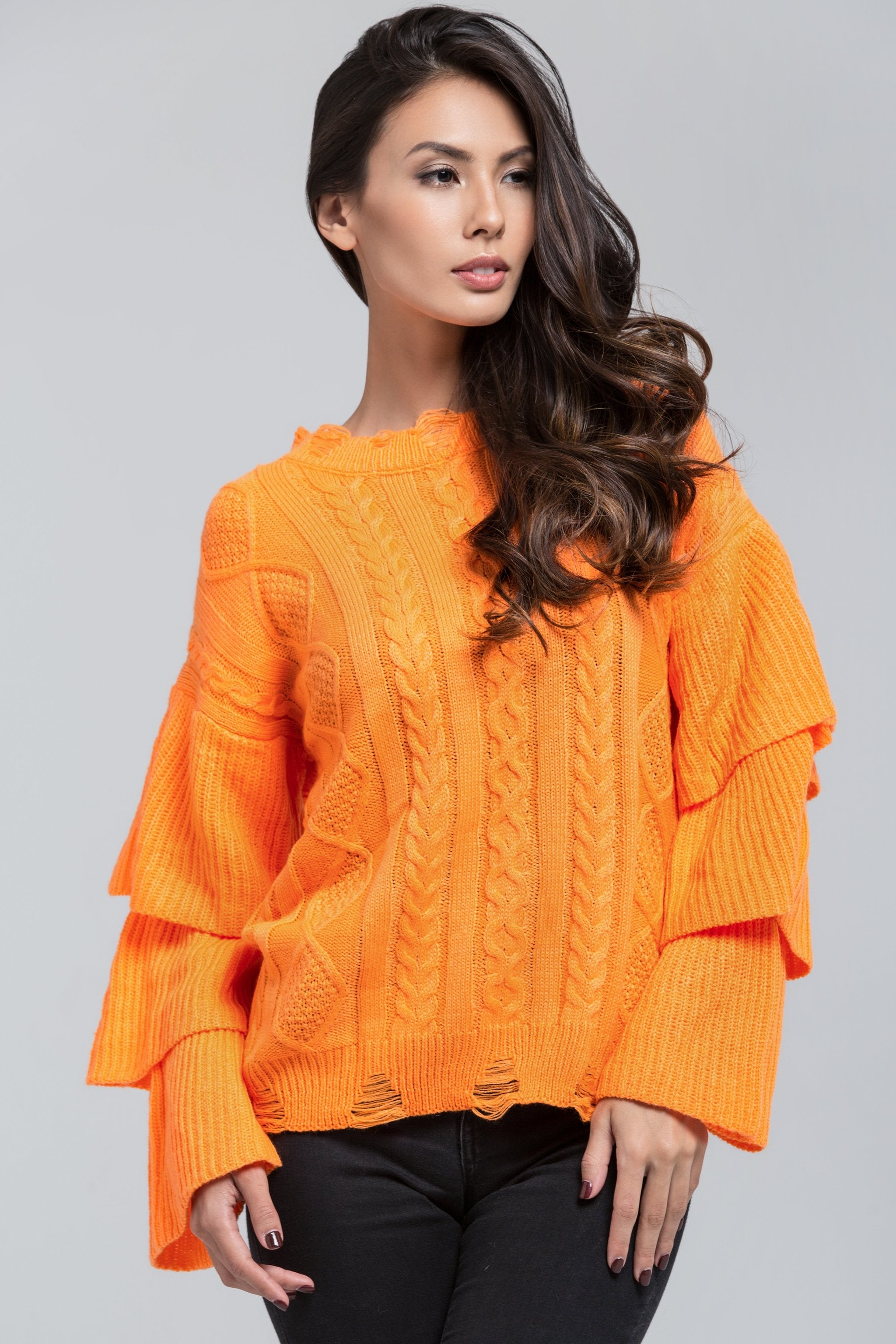 Neon Orange Knit Ruffle Sleeve Sweater