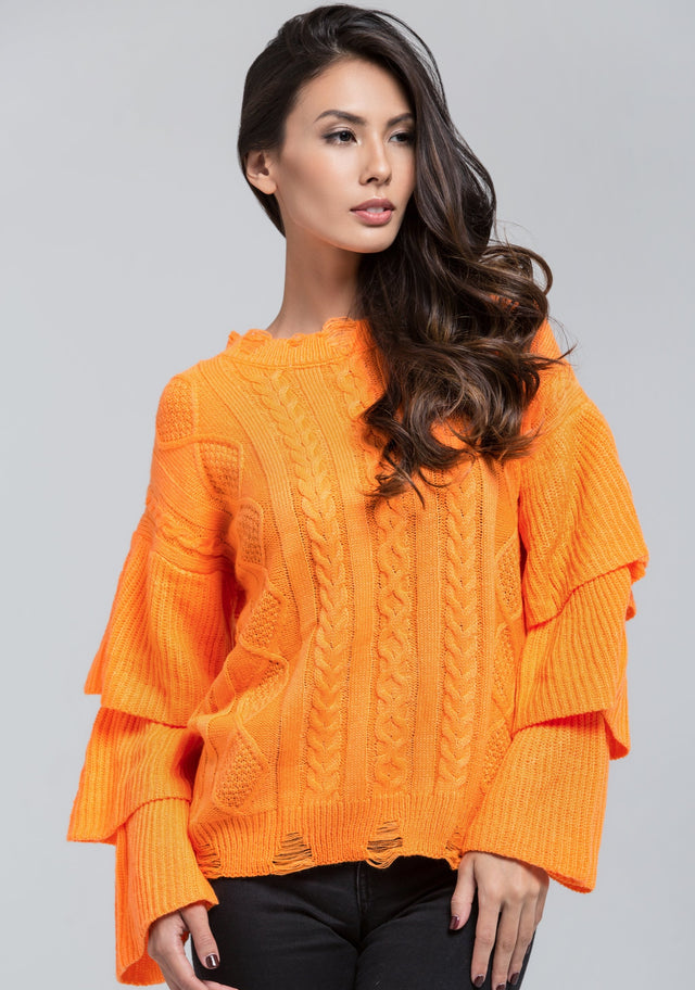 Neon Orange Knit Ruffle Sleeve Sweater