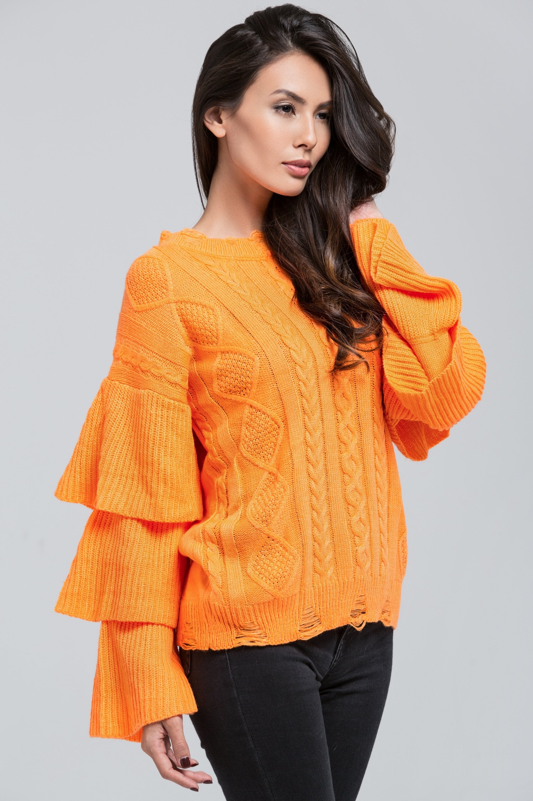 Neon Orange Knit Ruffle Sleeve Sweater