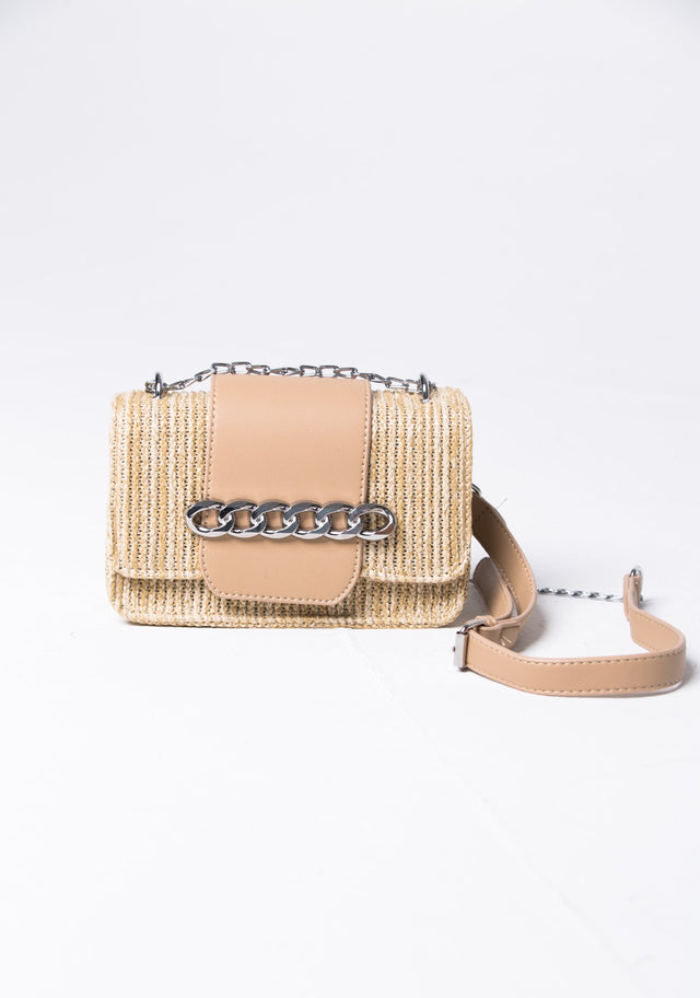 Nude Chain Detail Flap Straw Satchel