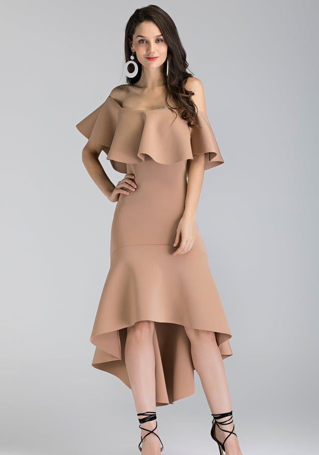 Nude Iris Ruffled Bardot Mullet Dress
