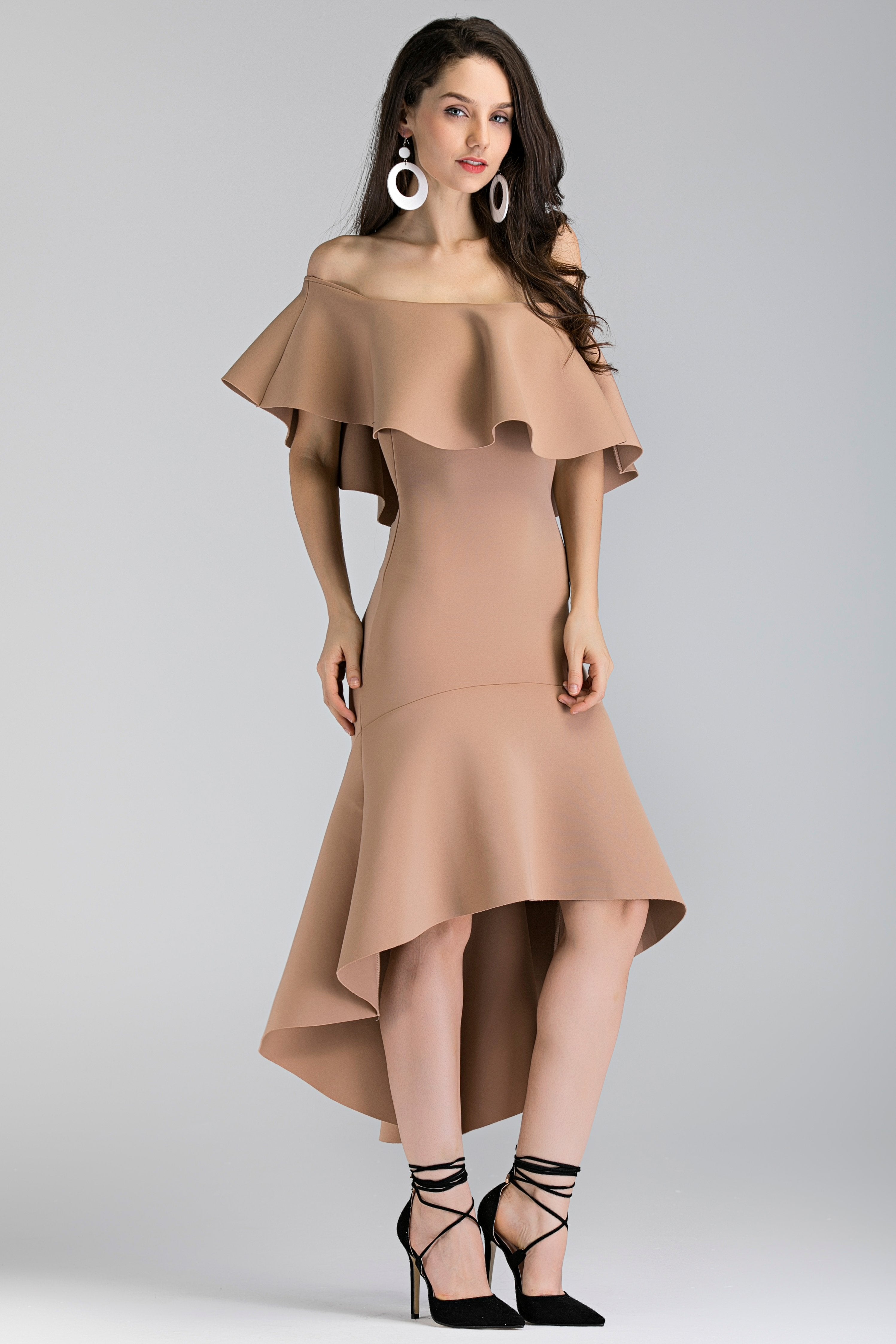 Nude Iris Ruffled Bardot Mullet Dress