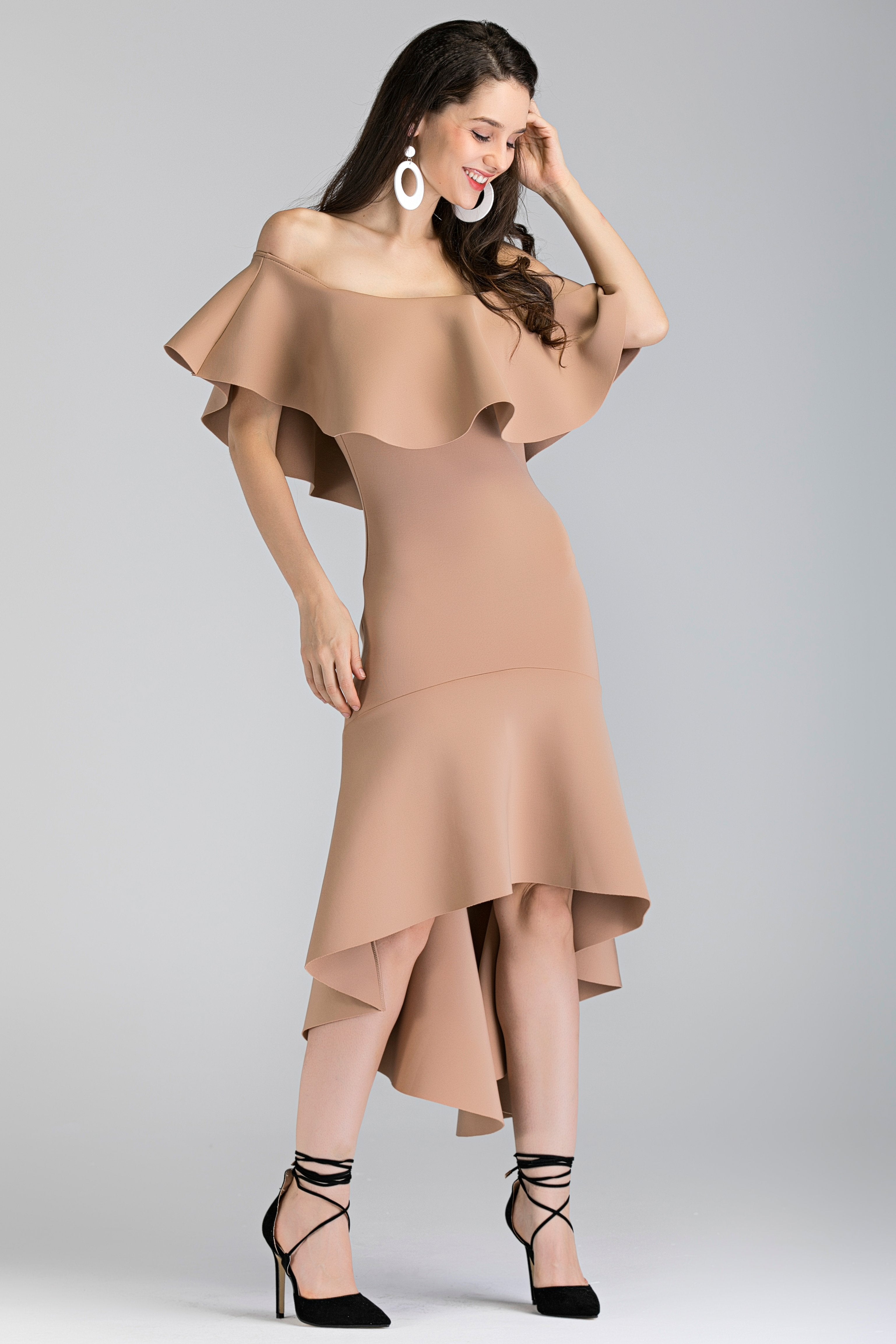 Nude Iris Ruffled Bardot Mullet Dress