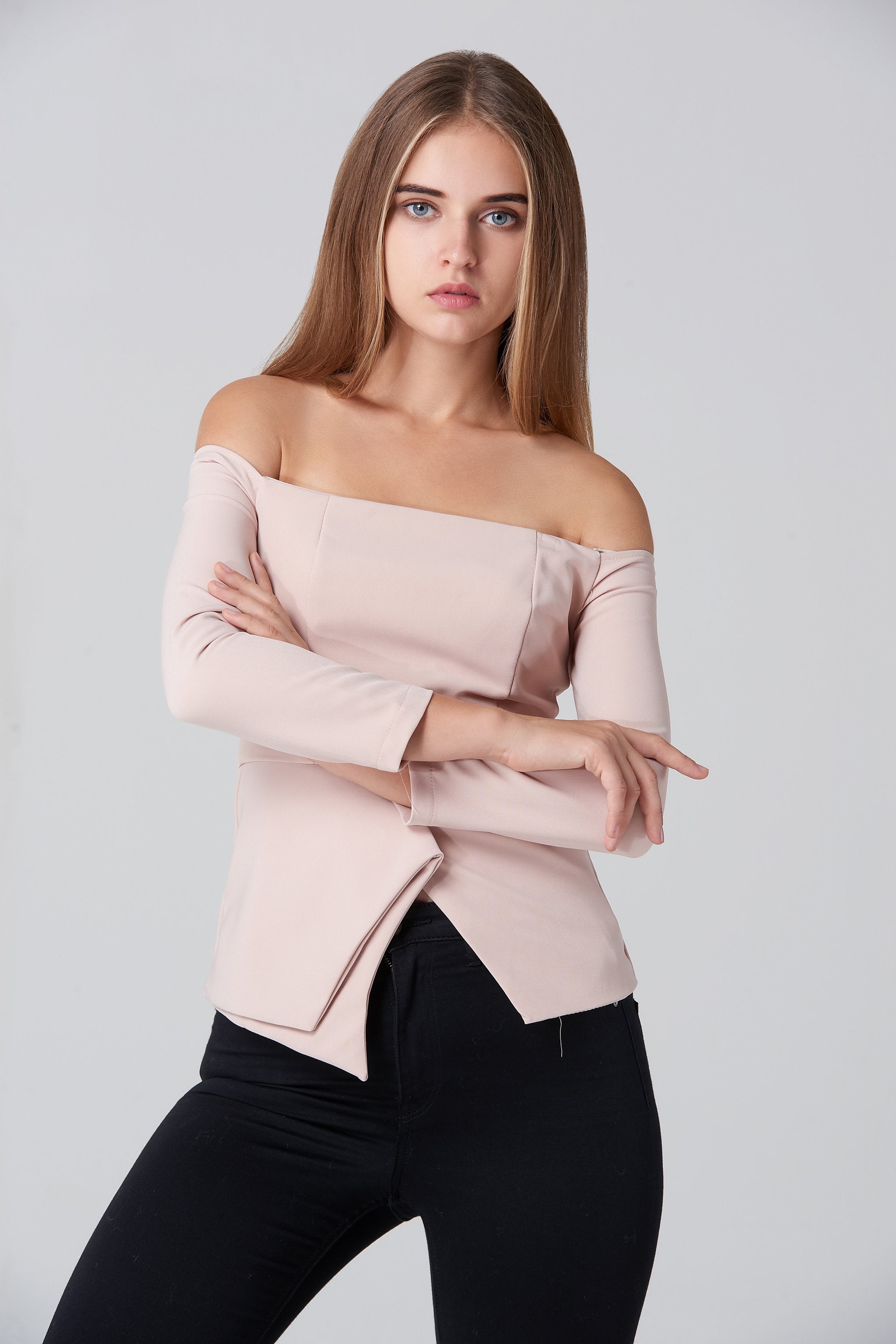 Nude Off Shoulder Flare Hem Top