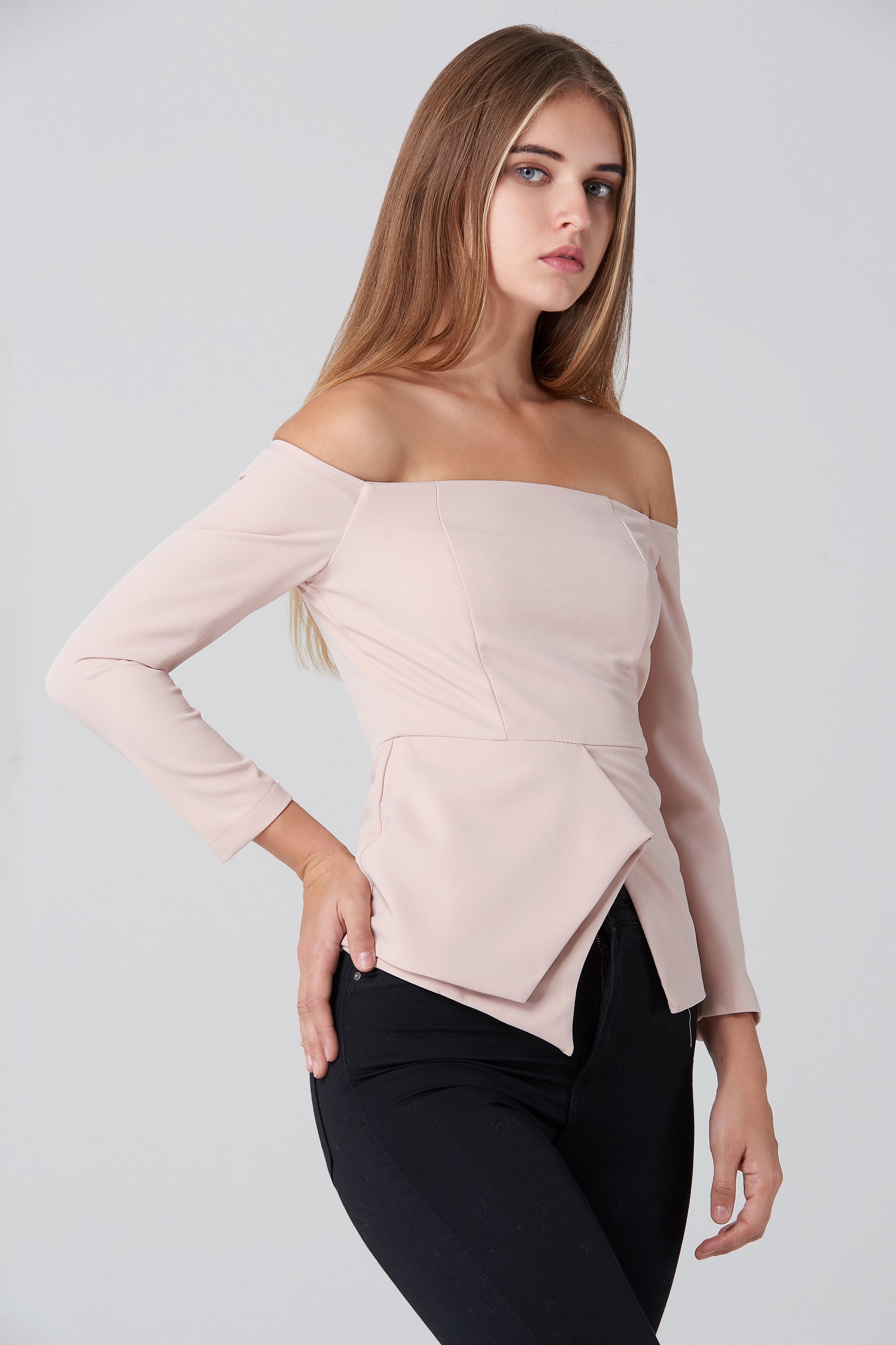 Nude Off Shoulder Flare Hem Top